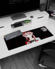 32x12 inches mouse pad featuring a pink-haired anime girl staring forward, sharp shadows, and blood-red splatter.