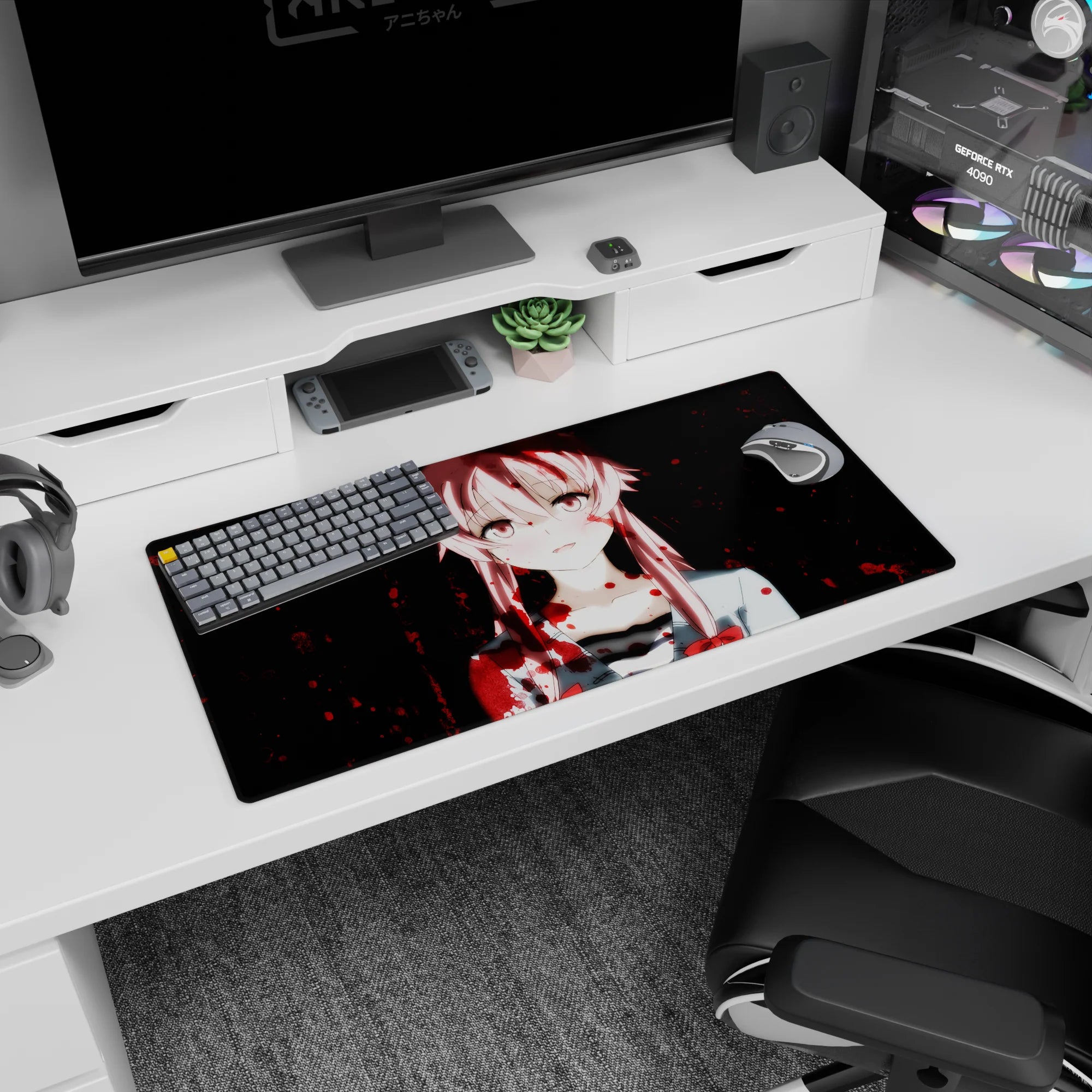 32x16 inches anime mouse pad featuring a soft pink-haired girl staring forward on a dark backdrop.
