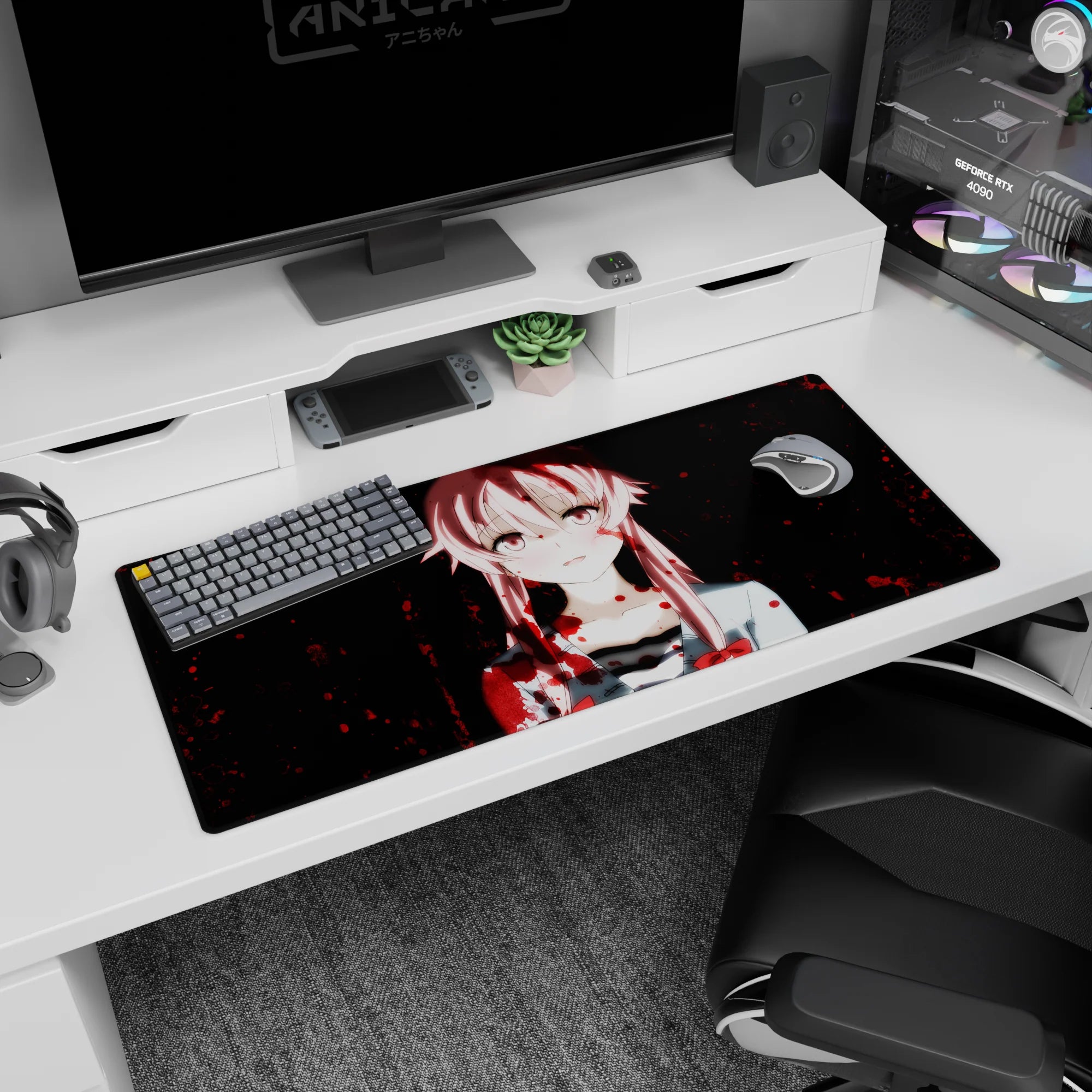 36x16 inches anime desk pad featuring a pink-haired girl staring forward, soft shading, and blood-red splashes.