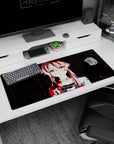 36x16 inches anime desk pad featuring a pink-haired girl staring forward, soft shading, and blood-red splashes.