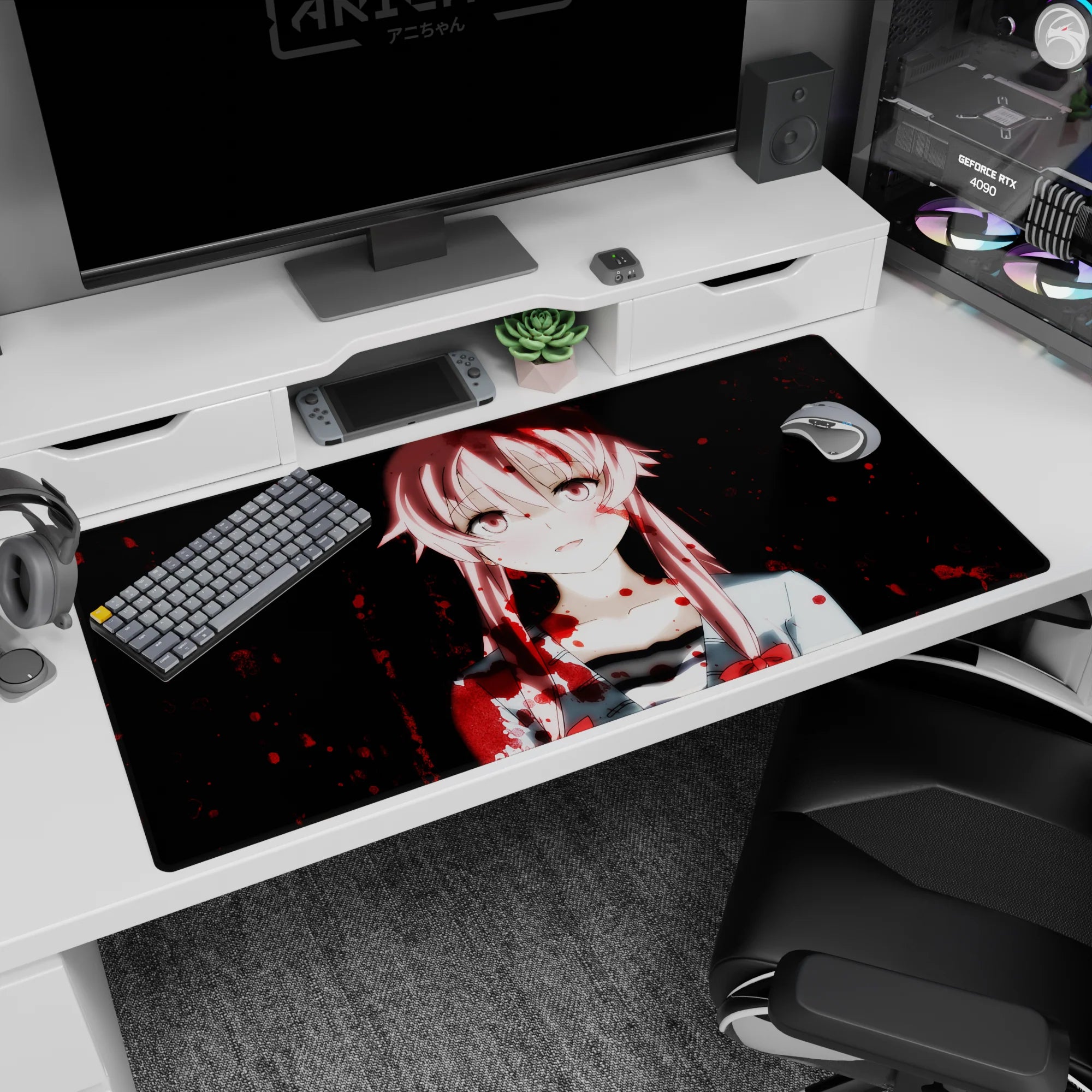 40x20 inches desk pad showing a pink-haired anime girl staring forward, tiny ribbon detail, red splatter.