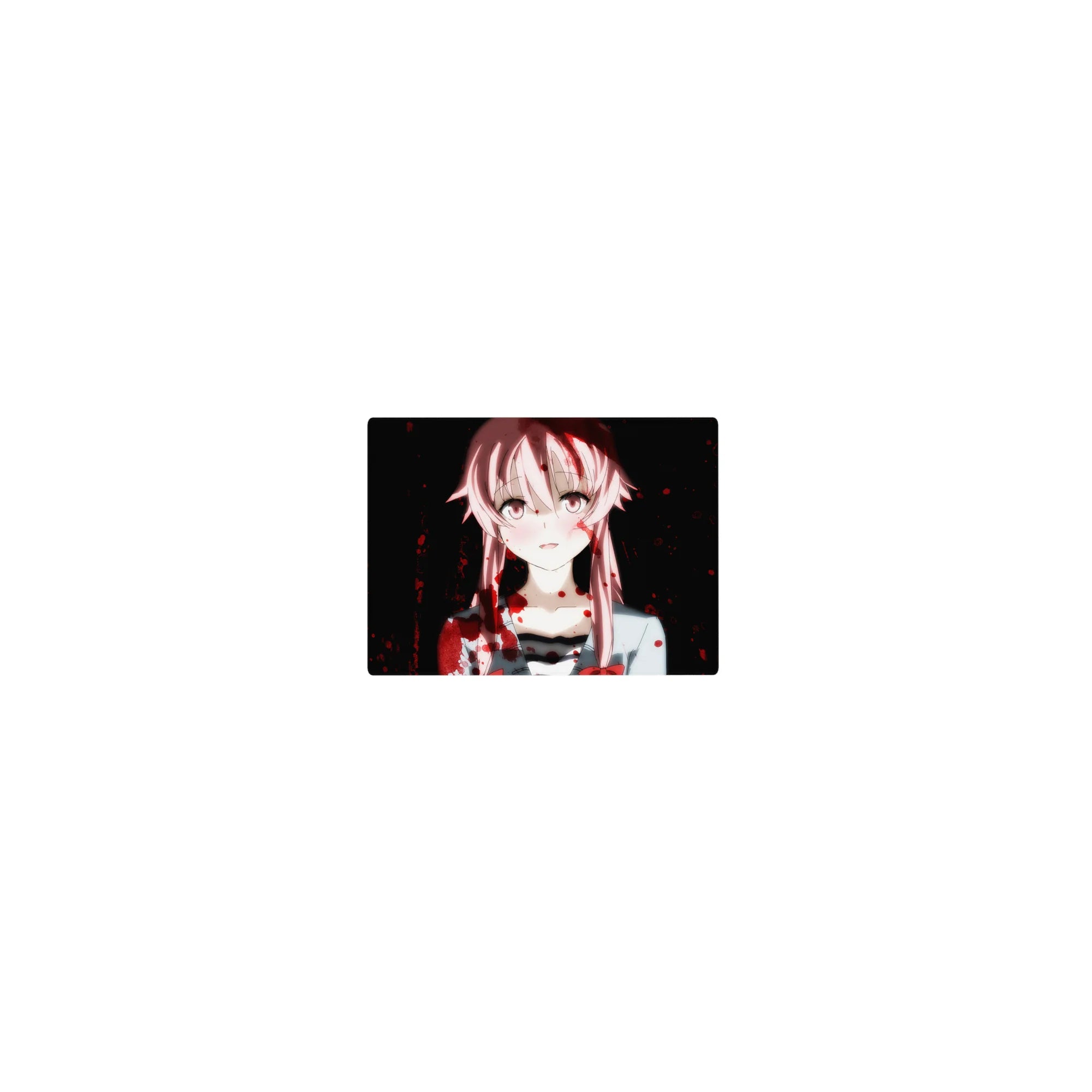 Classic anime girl mouse pad 14x10 inches with pink-haired portrait, ribbon detail, and red splatter.