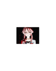 Classic anime girl mouse pad 14x10 inches with pink-haired portrait, ribbon detail, and red splatter.