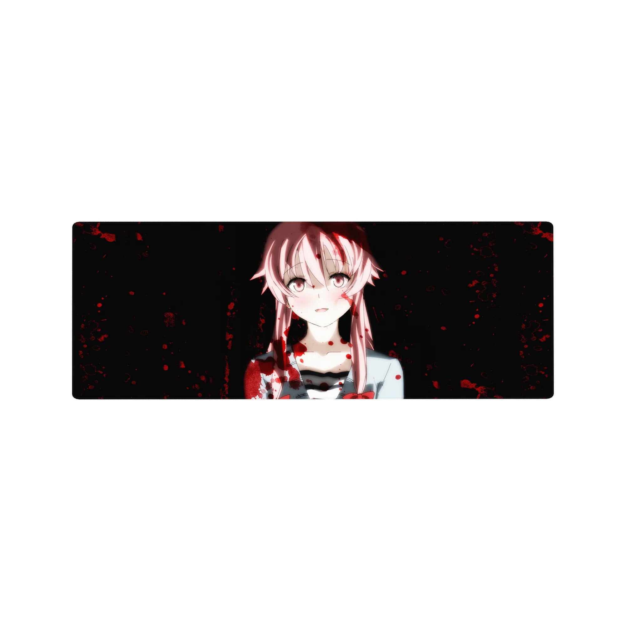 32x12 inches anime girl mouse pad with pink-haired girl, ribbon detail, and red splatter on dark background.