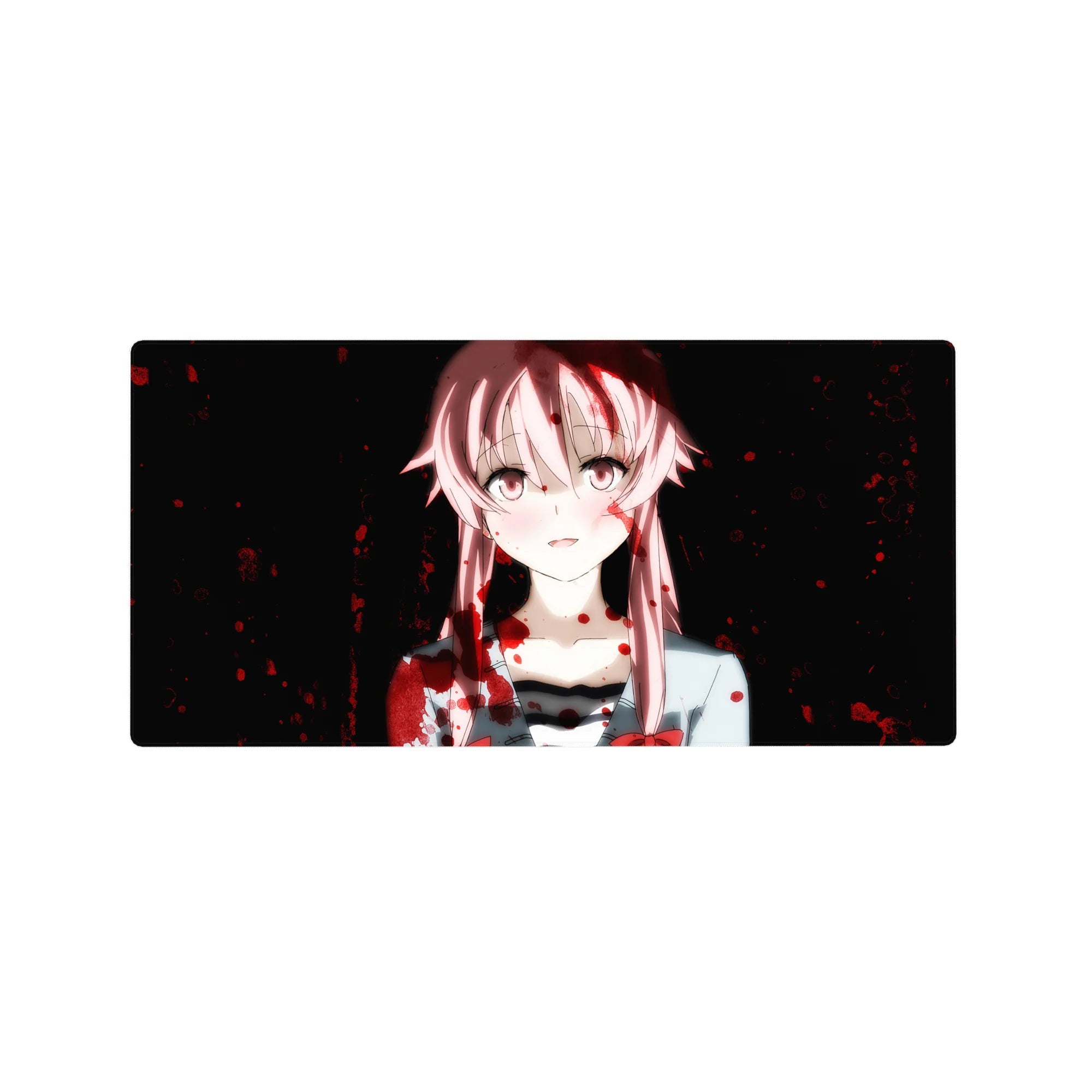 Anime girl gaming mouse pad 32x16 inches with pink-haired portrait, ribbon detail, and red splatter.