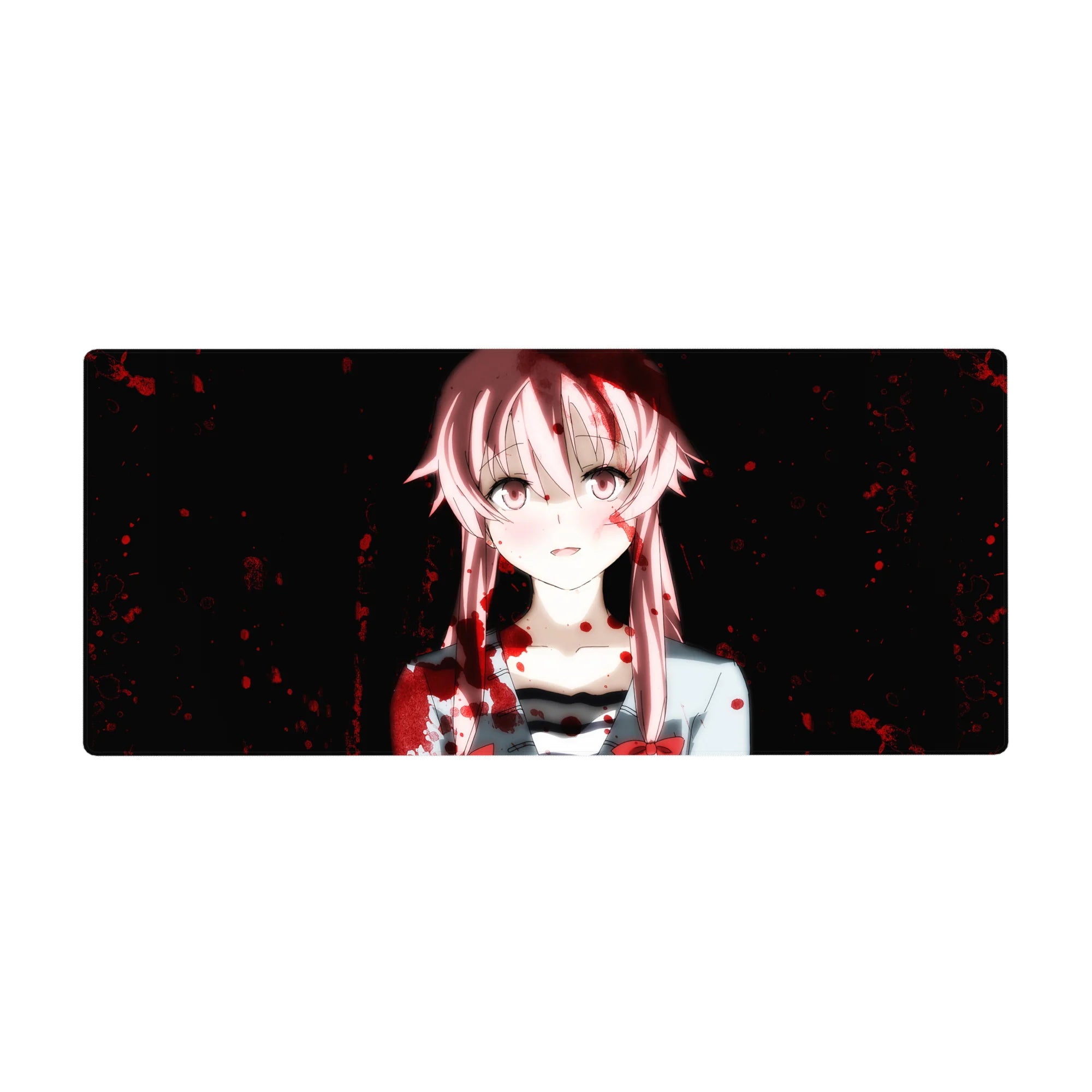 36x16 inches anime girl desk pad with pink-haired portrait, ribbon detail, and crimson splatter on dark.