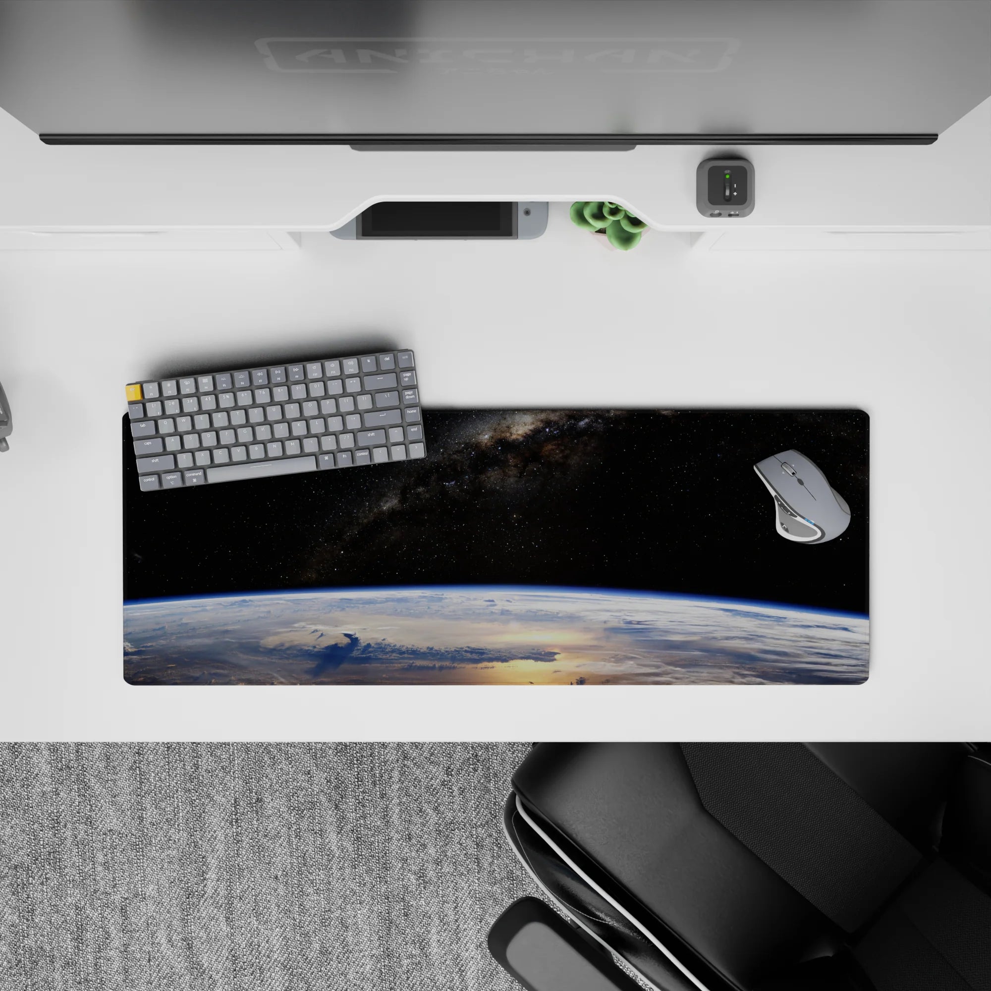 Velvet-black 32x12 inches mouse pad in cool blues and soft whites, calm dreamy night-sky vibe.