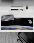 Velvet-black 32x12 inches mouse pad in cool blues and soft whites, calm dreamy night-sky vibe.