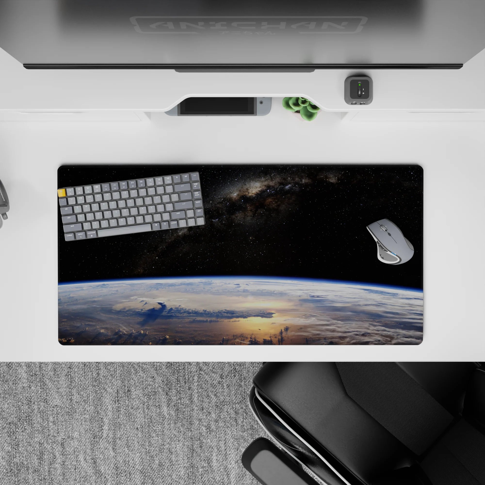 Velvet-black cosmic mouse pad 32x16 inches in cool blues and cloud whites, calm and epic mood.