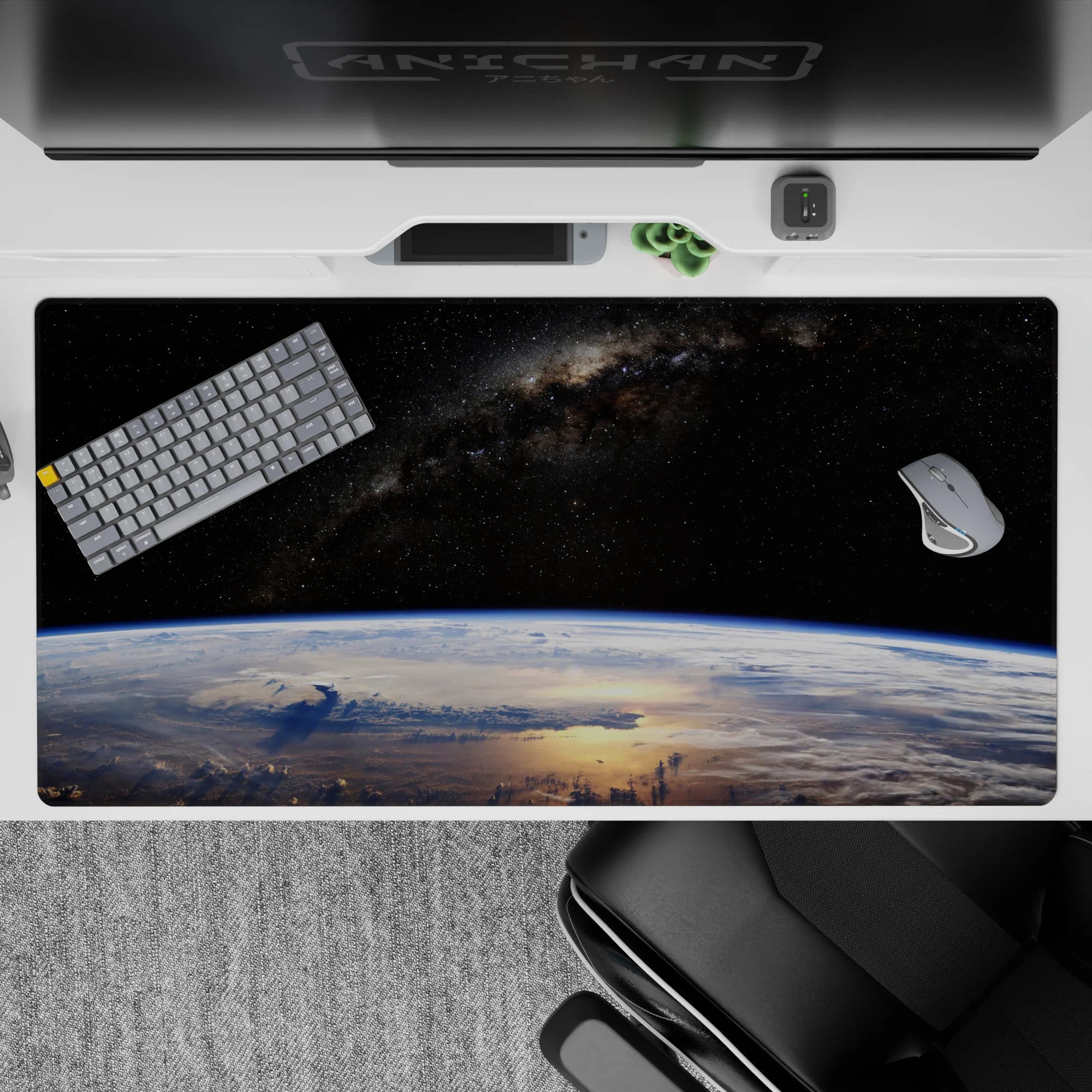 Velvet-black 40x20 inches desk pad in calm cool blues and pale whites, dotted stars and dreamy galaxy.