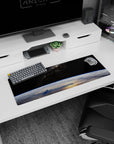 Earth from space scene mouse pad 32x12 inches, showing glowing blue curve, clouds, and scattered stars.