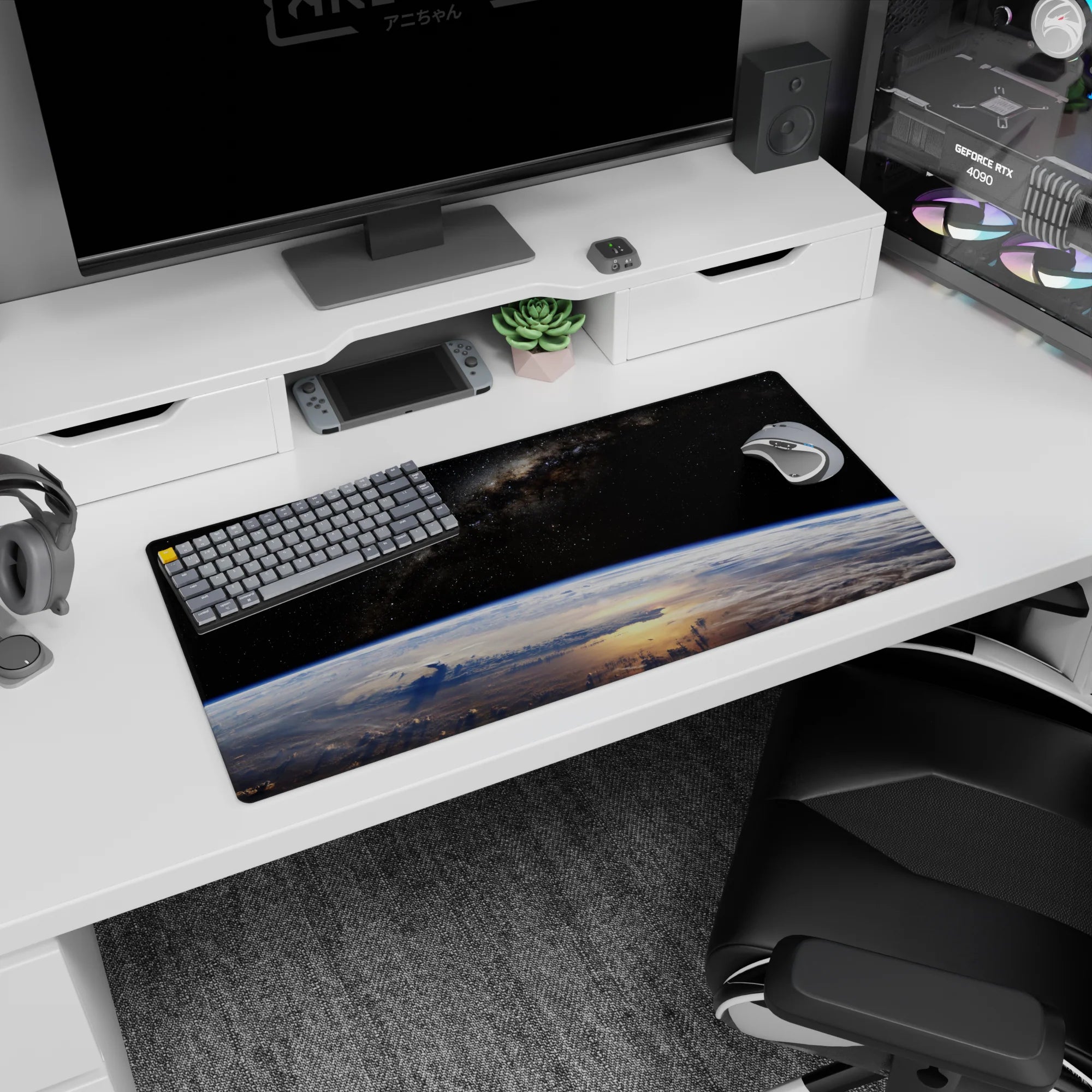 Earth from space mouse pad 32x16 inches featuring glowing blue planet curve beneath tiny stars.