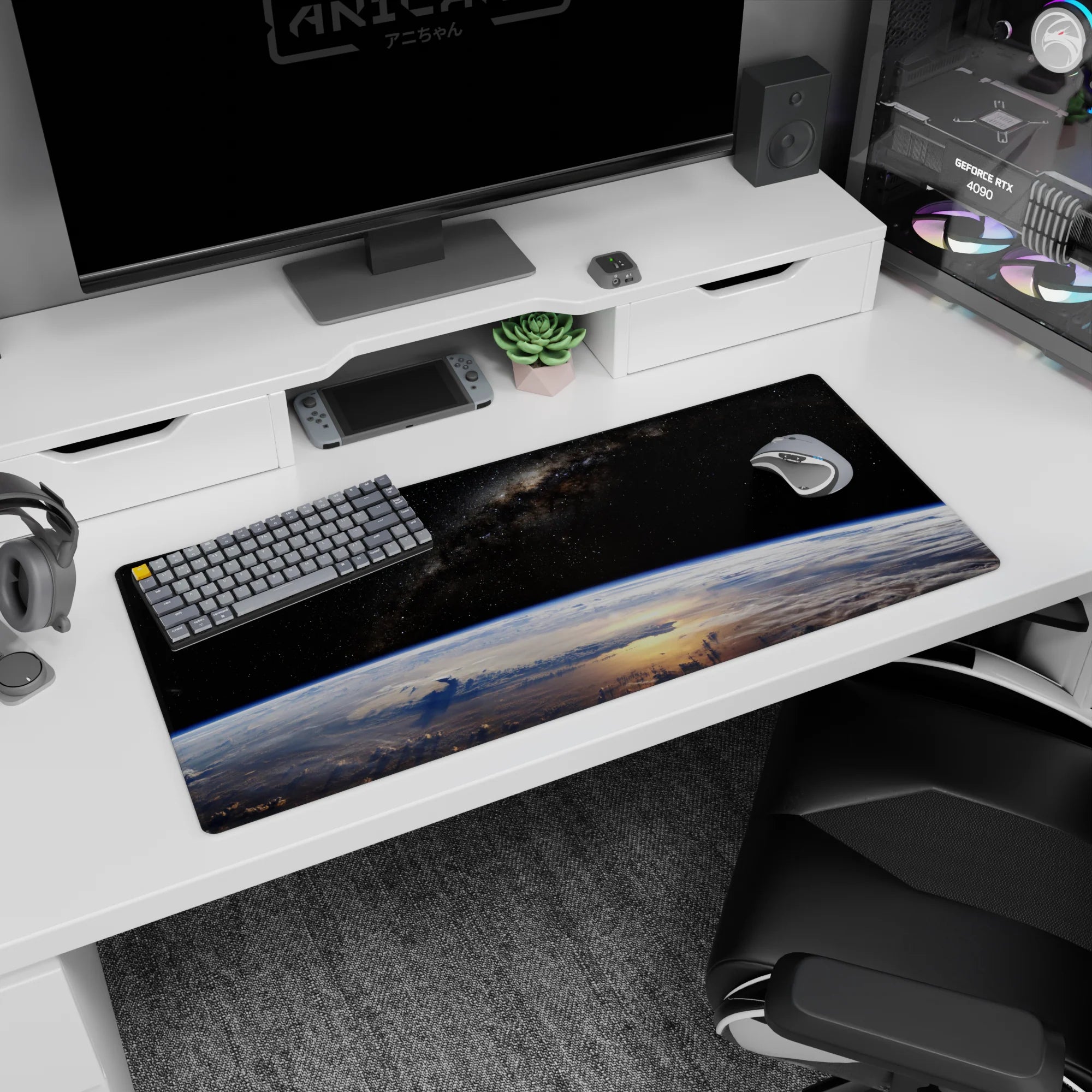 Earth from space scene desk pad 36x16 inches with glowing blue curve, pale clouds, and scattered stars.