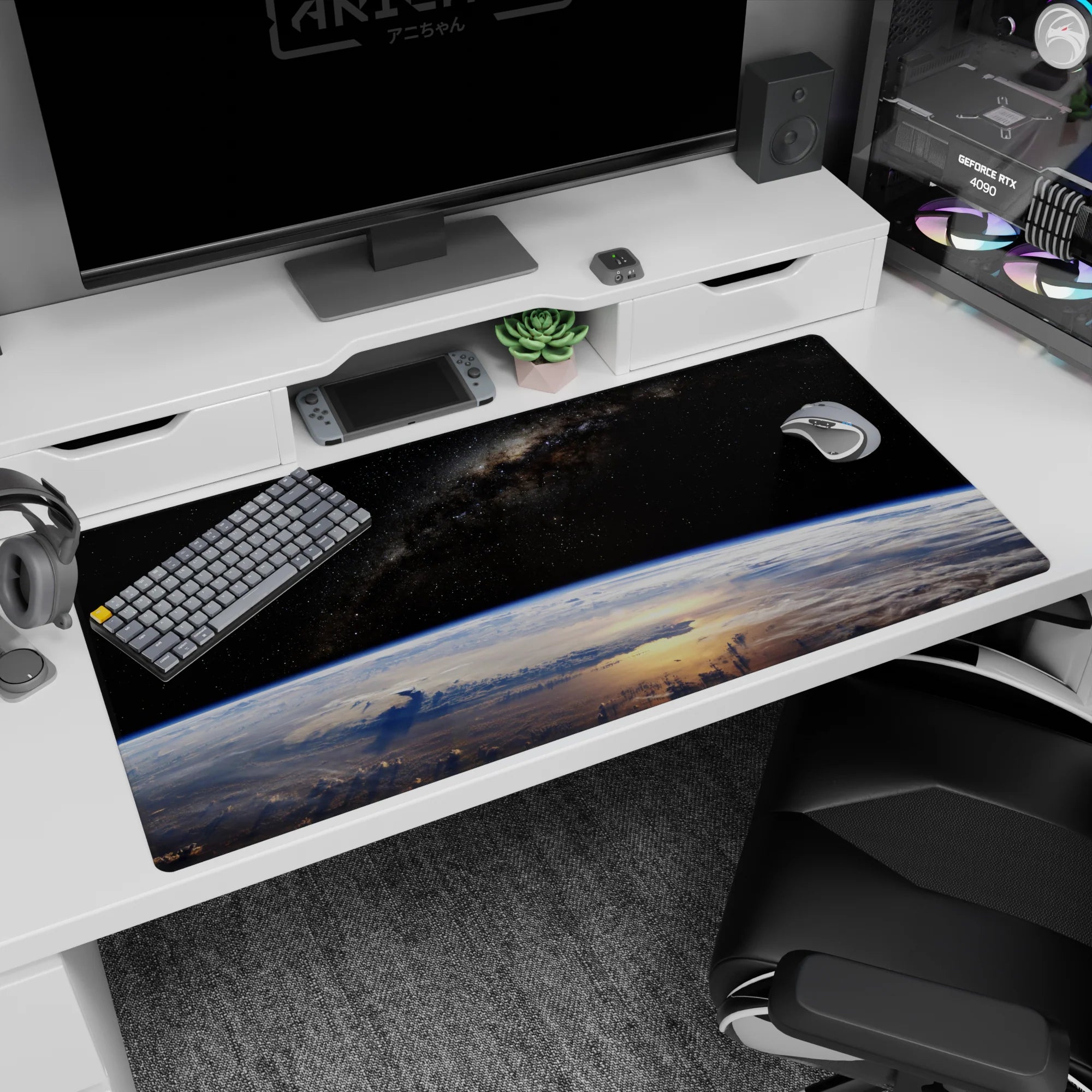 Earth from space scene desk pad 40x20 inches showing glowing blue planet curve beneath a star field.