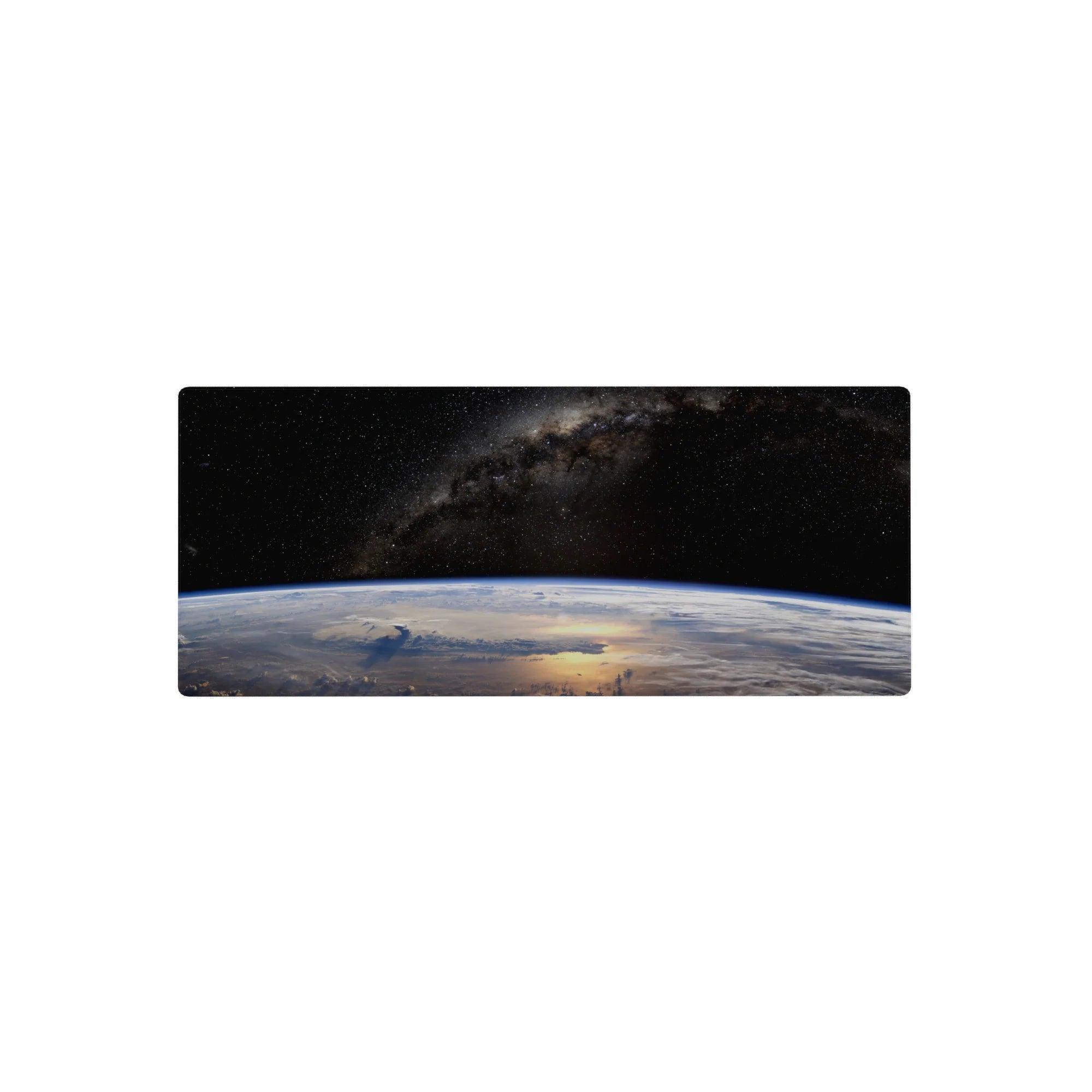 Galaxy and Earth horizon desk mouse pad, 28x12 inches, starry space design for gaming and work.
