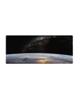 Galaxy and Earth horizon desk mouse pad, 28x12 inches, starry space design for gaming and work.