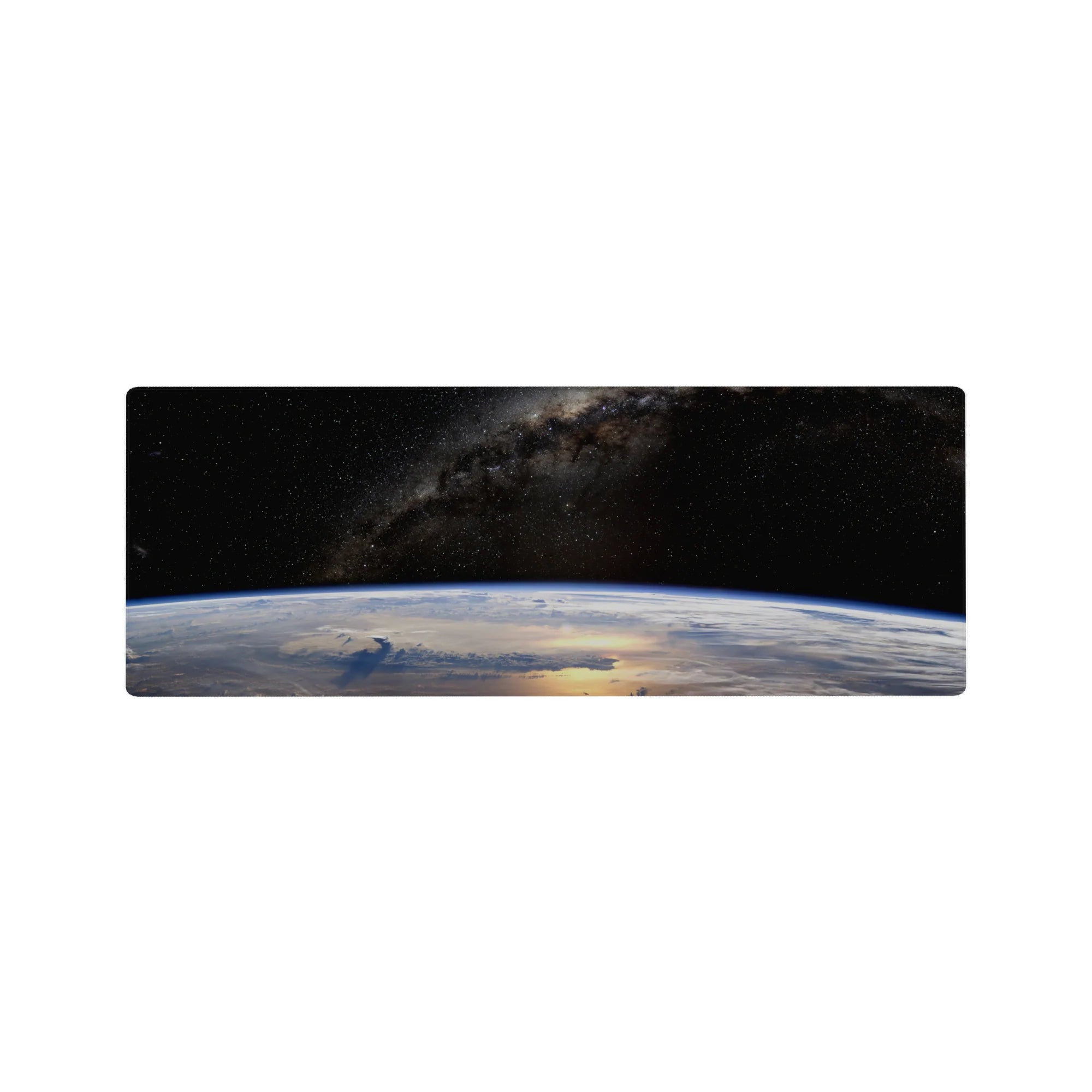 Space galaxy desk mouse pad 32x12 inches with starry sky, dusty galaxy band, and Earth horizon.