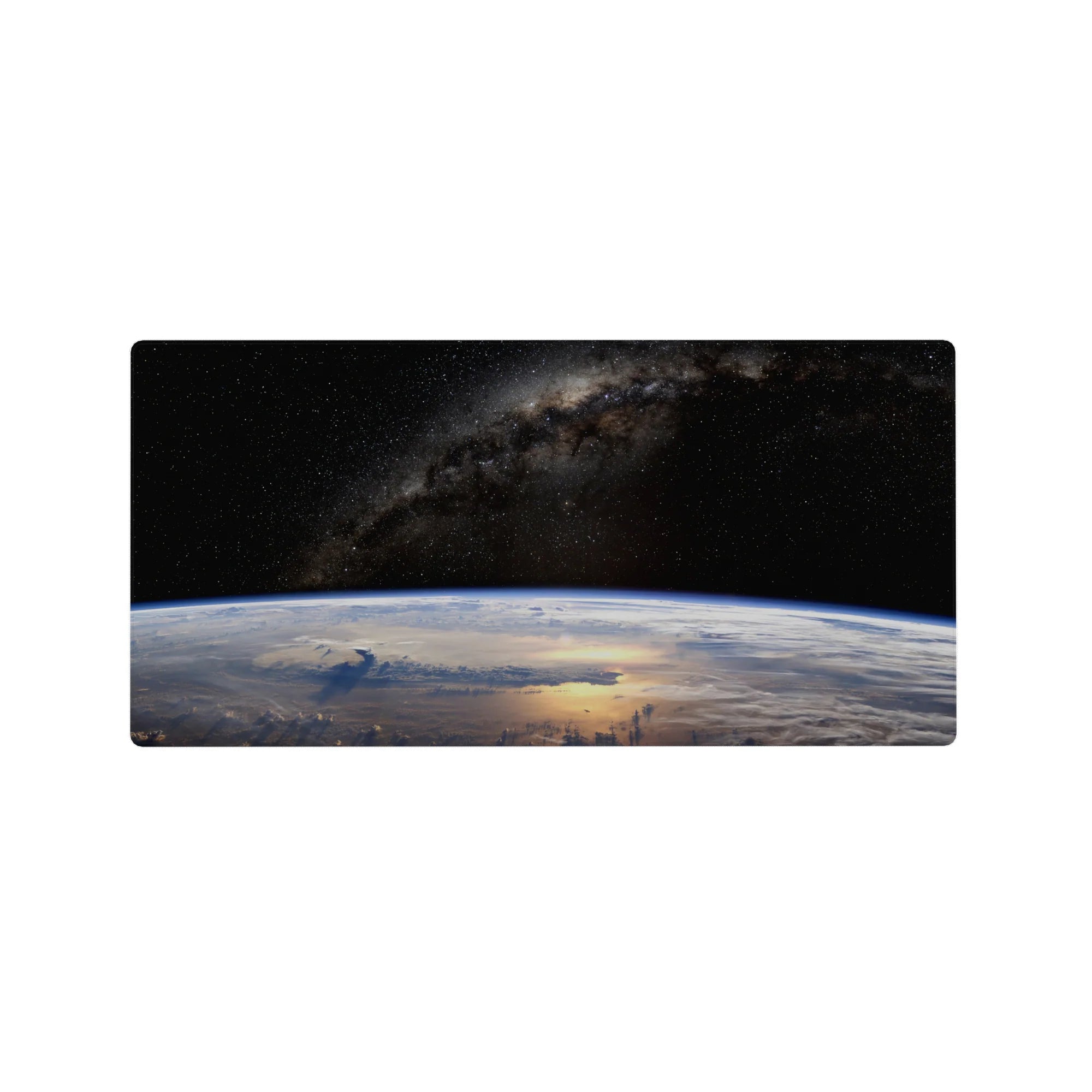 Space-themed mouse pad 32x16 inches with starry sky, dusty galaxy band, and Earth horizon curve.