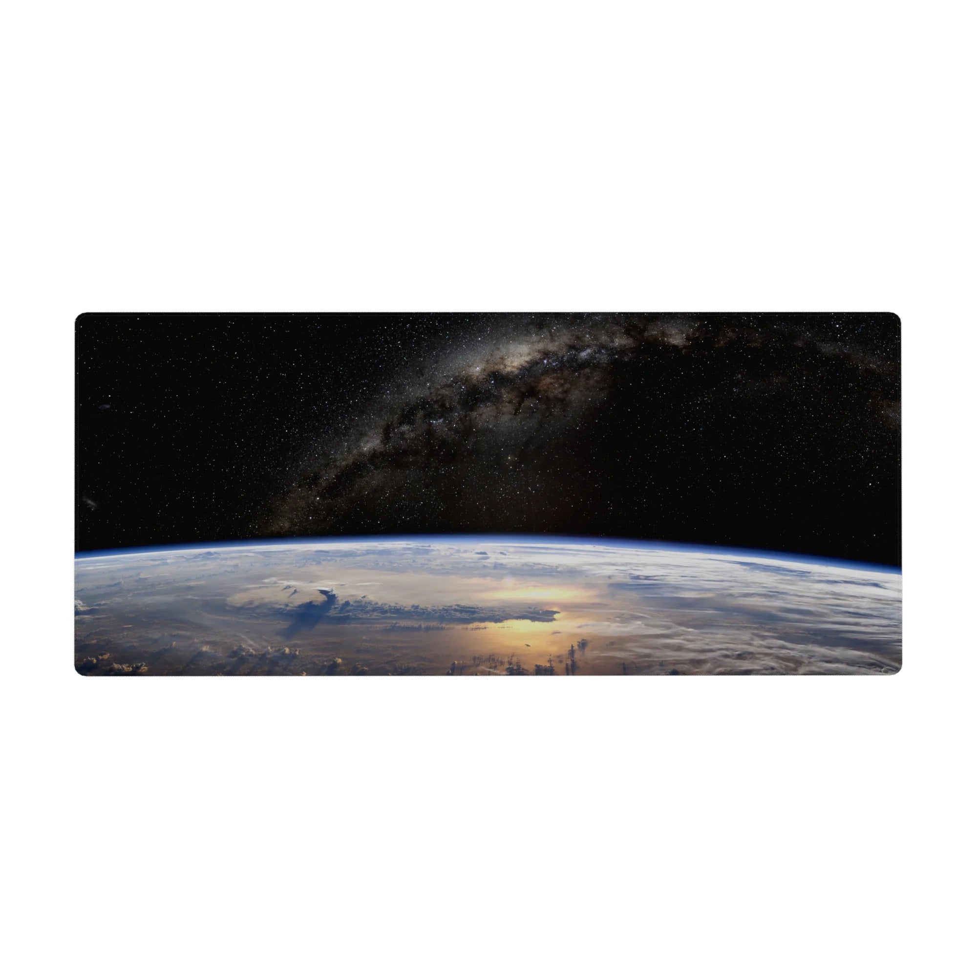 Space galaxy desk pad 36x16 inches with starry sky, dusty nebula band, and Earth horizon curve.