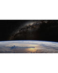 Space galaxy desk pad 40x20 inches with starry sky, dusty Milky Way band, and Earth horizon curve.
