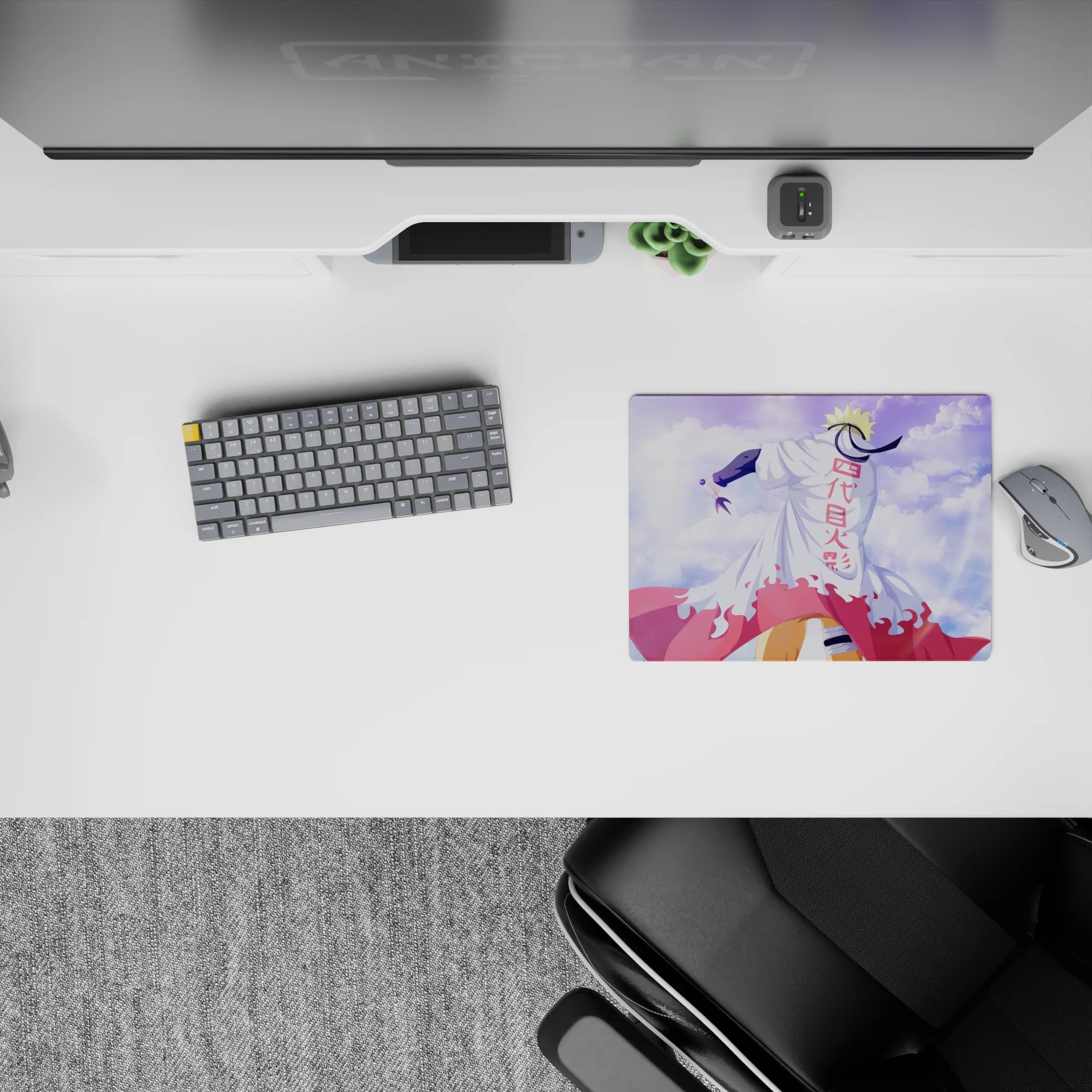 Blue-sky anime mouse pad 14x10 inches with soft clouds, bright white coat, bold red accents, heroic vibe.