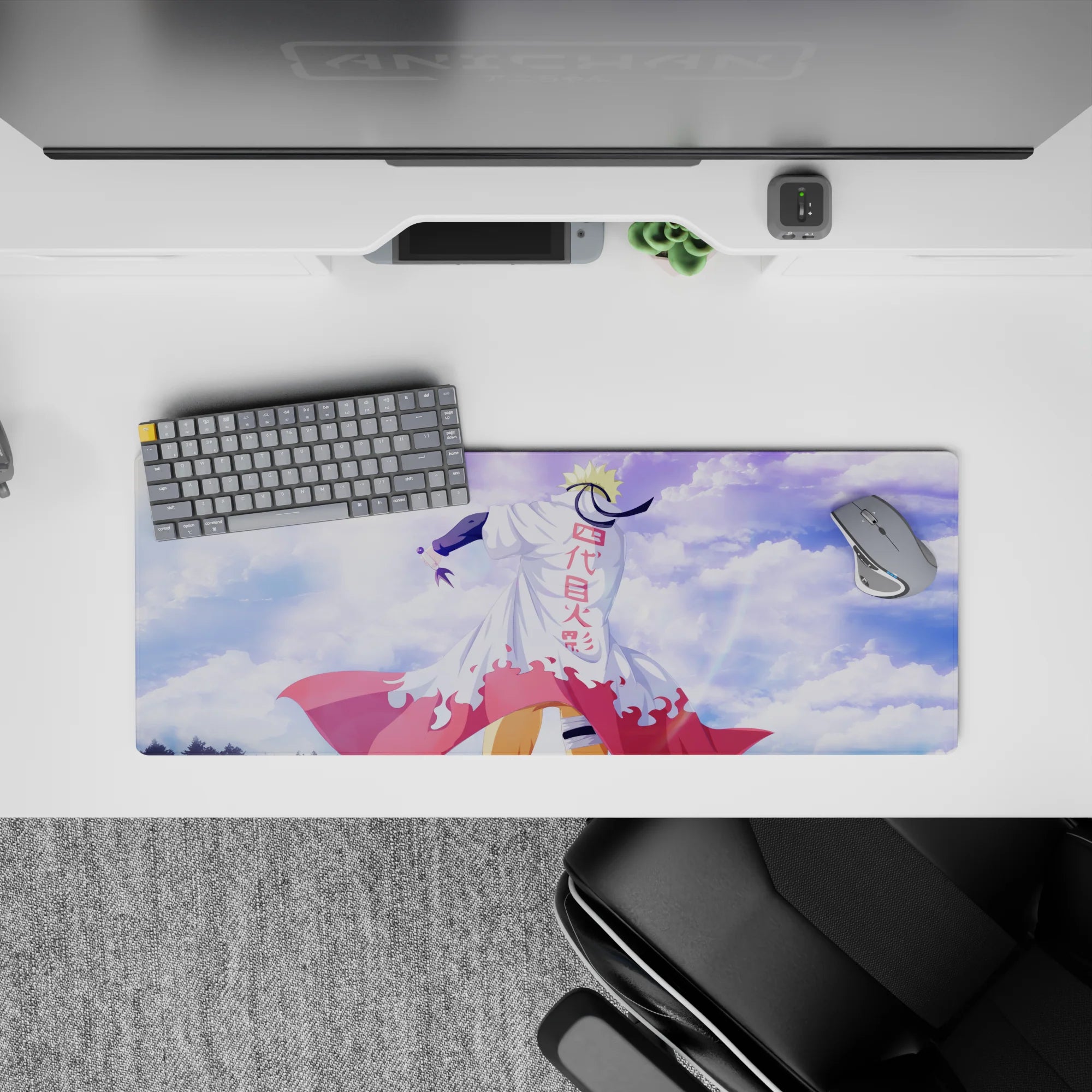 Anime mouse pad 32x12 inches with soft blue sky, puffy clouds, crisp white coat, and bold red accents.