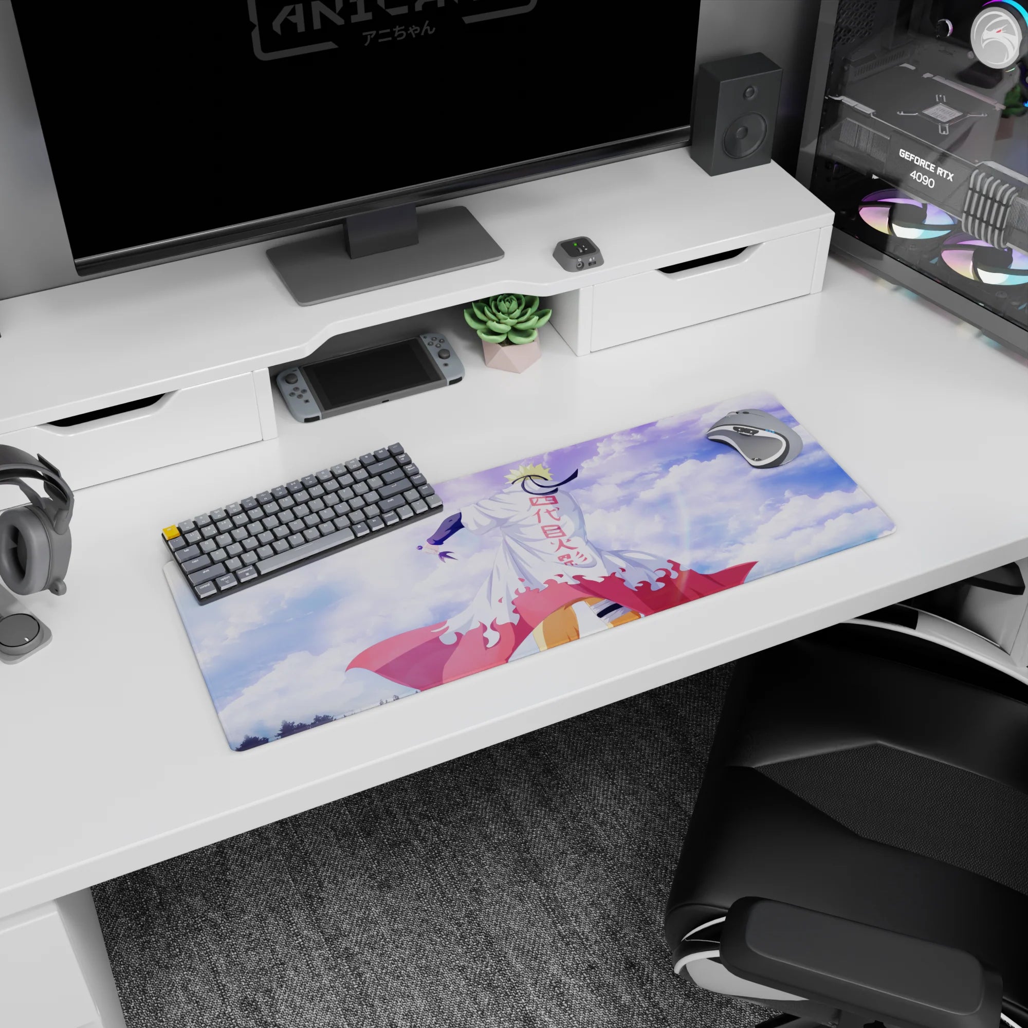 Naruto Uzumaki standing heroic in Hokage cloak with wind swirl, anime mouse pad 32x12 inches.