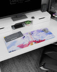 Naruto Uzumaki standing heroic in Hokage cloak with wind swirl, anime mouse pad 32x12 inches.