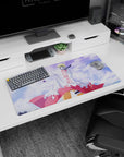Naruto Uzumaki standing tall in white Hokage coat, wind swirl scene on anime mouse pad 32x16 inches.