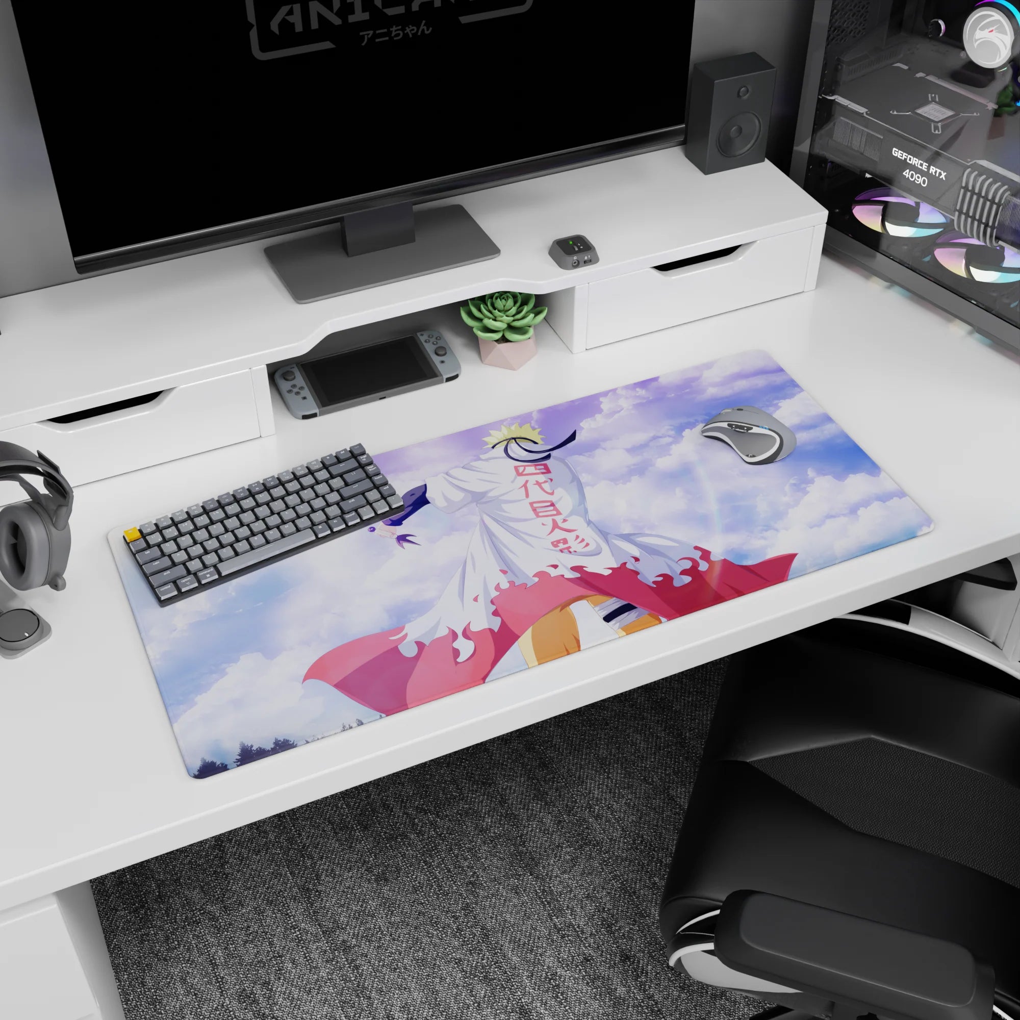 Naruto Uzumaki as Hokage on desk pad 36x16 inches, standing in swirling wind against bright clouds.