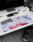 Naruto Uzumaki as Hokage on desk pad 36x16 inches, standing in swirling wind against bright clouds.
