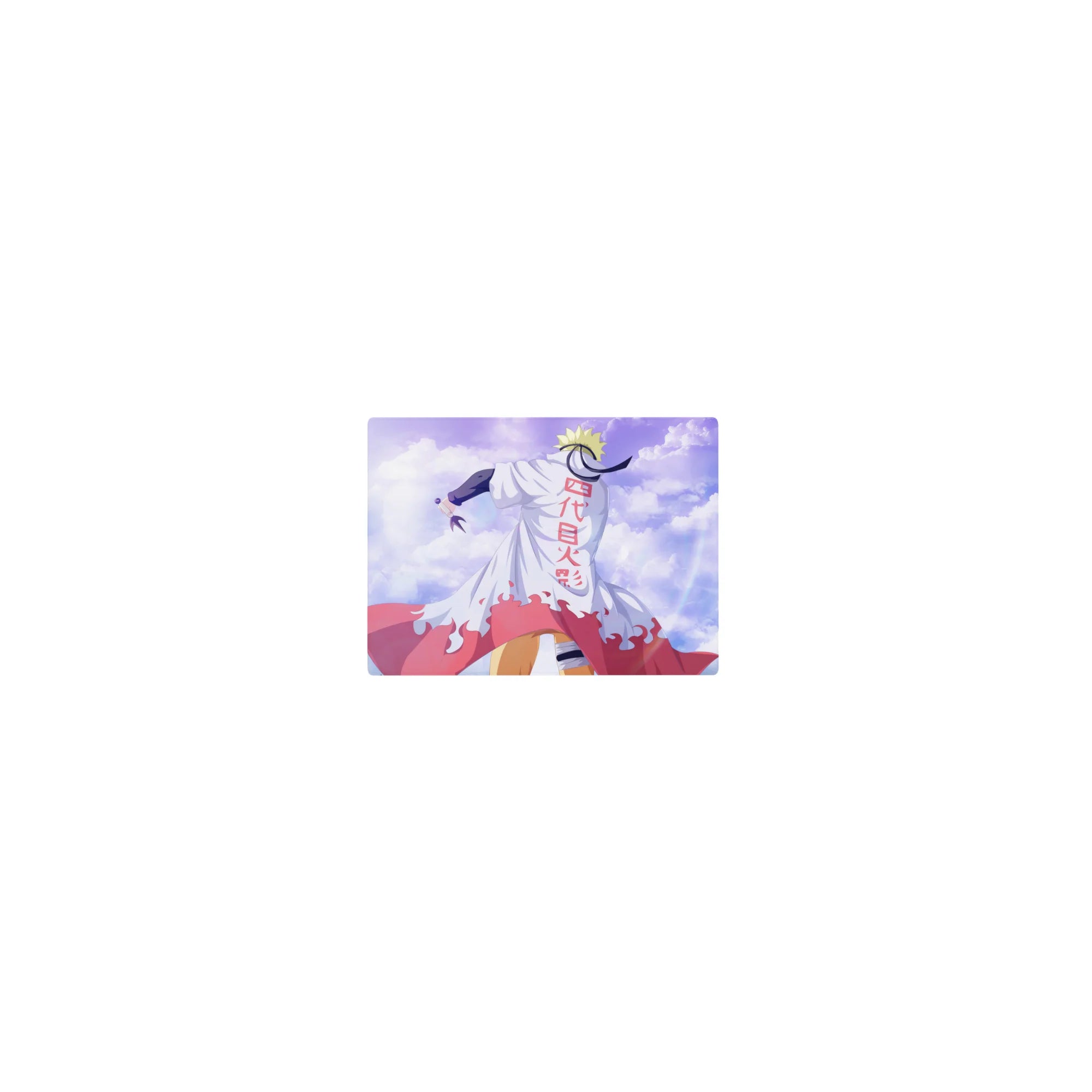 Classic anime mouse pad 14x10 inches with Hokage cloak hero, red flame trim and kanji, sky backdrop.