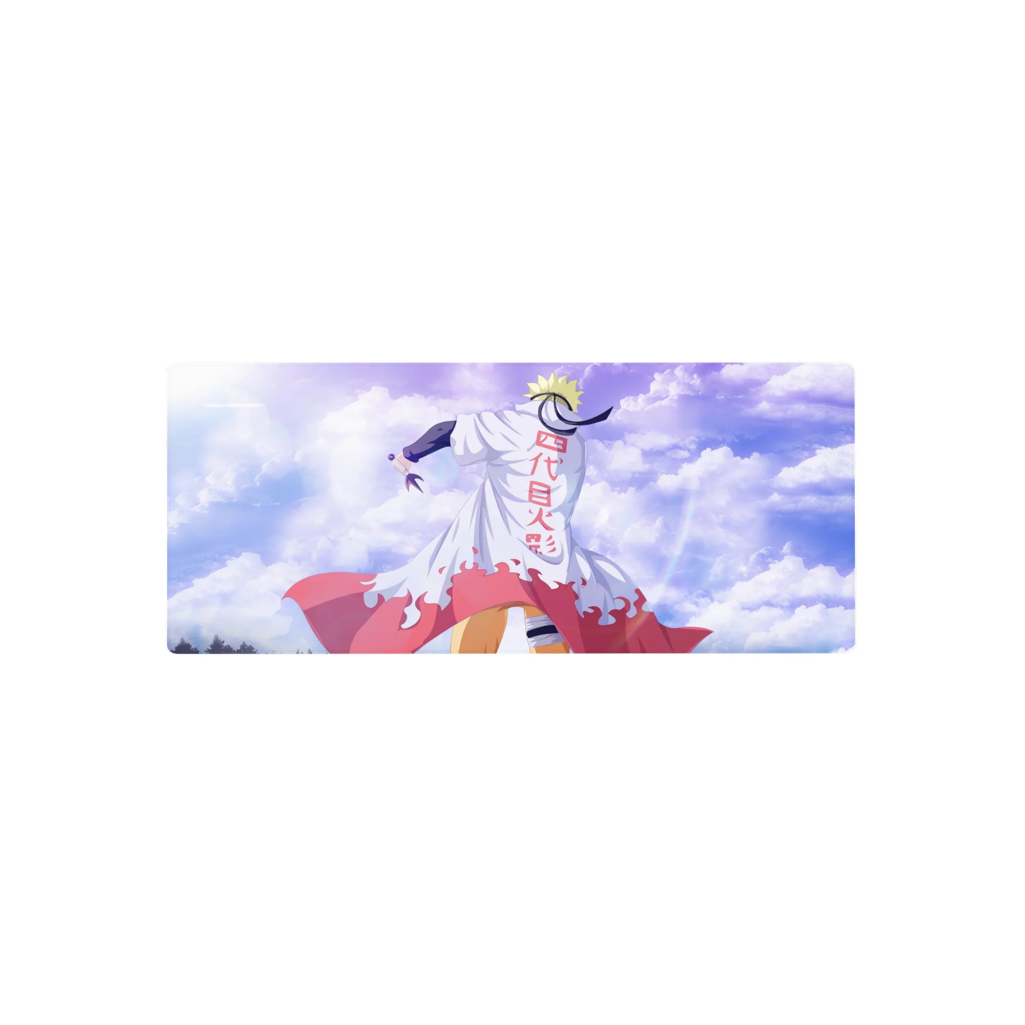 28x12 inches anime mouse pad with Hokage cloak hero, red flames and kanji, sky and clouds backdrop.