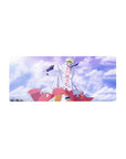 28x12 inches anime mouse pad with Hokage cloak hero, red flames and kanji, sky and clouds backdrop.