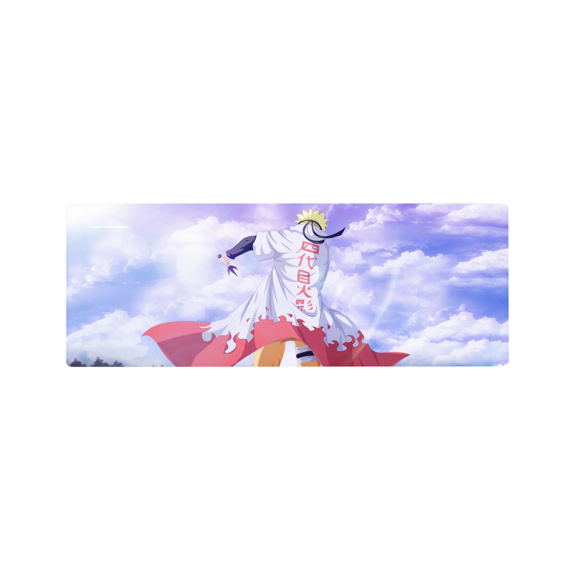 Naruto Shippuden desk mouse pad 32x12 inches with Hokage cloak, red flames, and kanji back print.