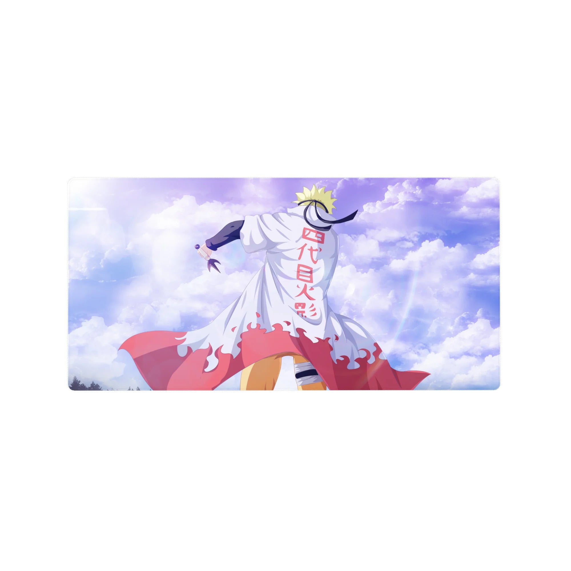 Naruto Shippuden anime mouse pad 32x16 inches, Hokage cloak Naruto with kanji and red flame trim.