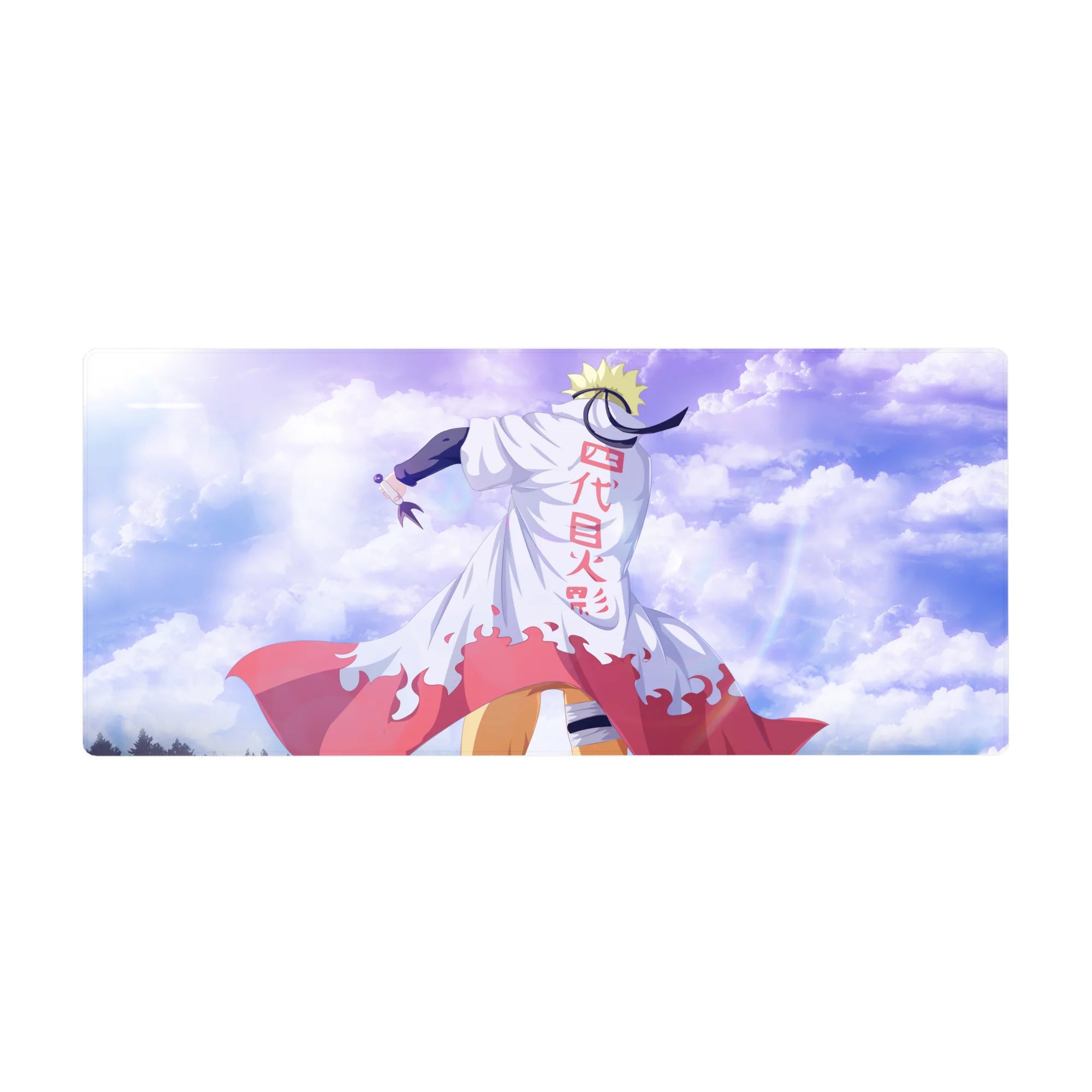 Naruto Shippuden desk pad 36x16 inches with Hokage cloak artwork, red flames, and bold kanji back.