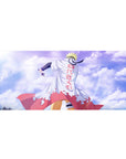 Naruto Shippuden desk pad 36x16 inches with Hokage cloak artwork, red flames, and bold kanji back.