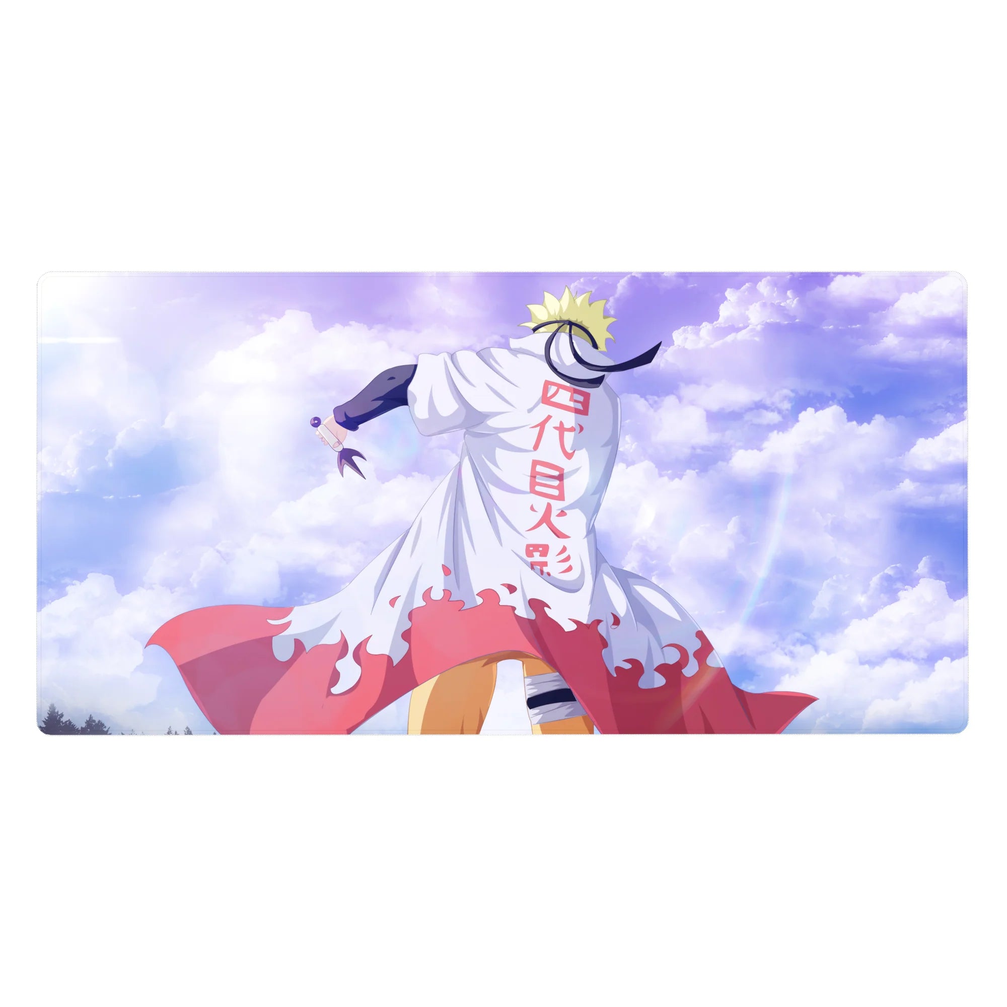 Naruto Shippuden 40x20 inches anime desk pad with Hokage cloak, red flames, bold kanji, sky backdrop.