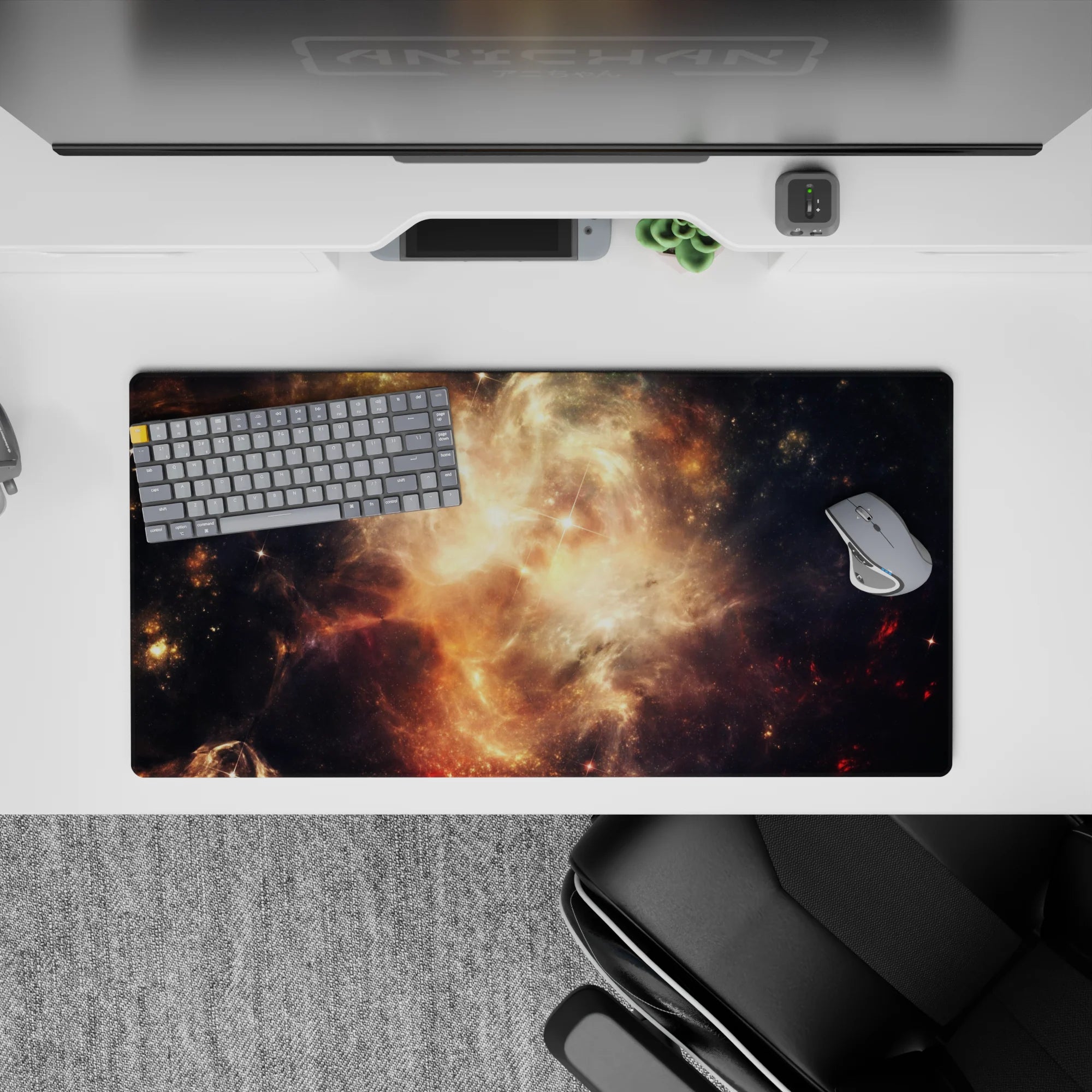 Dreamy smoky black and honey-gold amber clouds mood mouse pad, 32x16 inches for gaming or work.