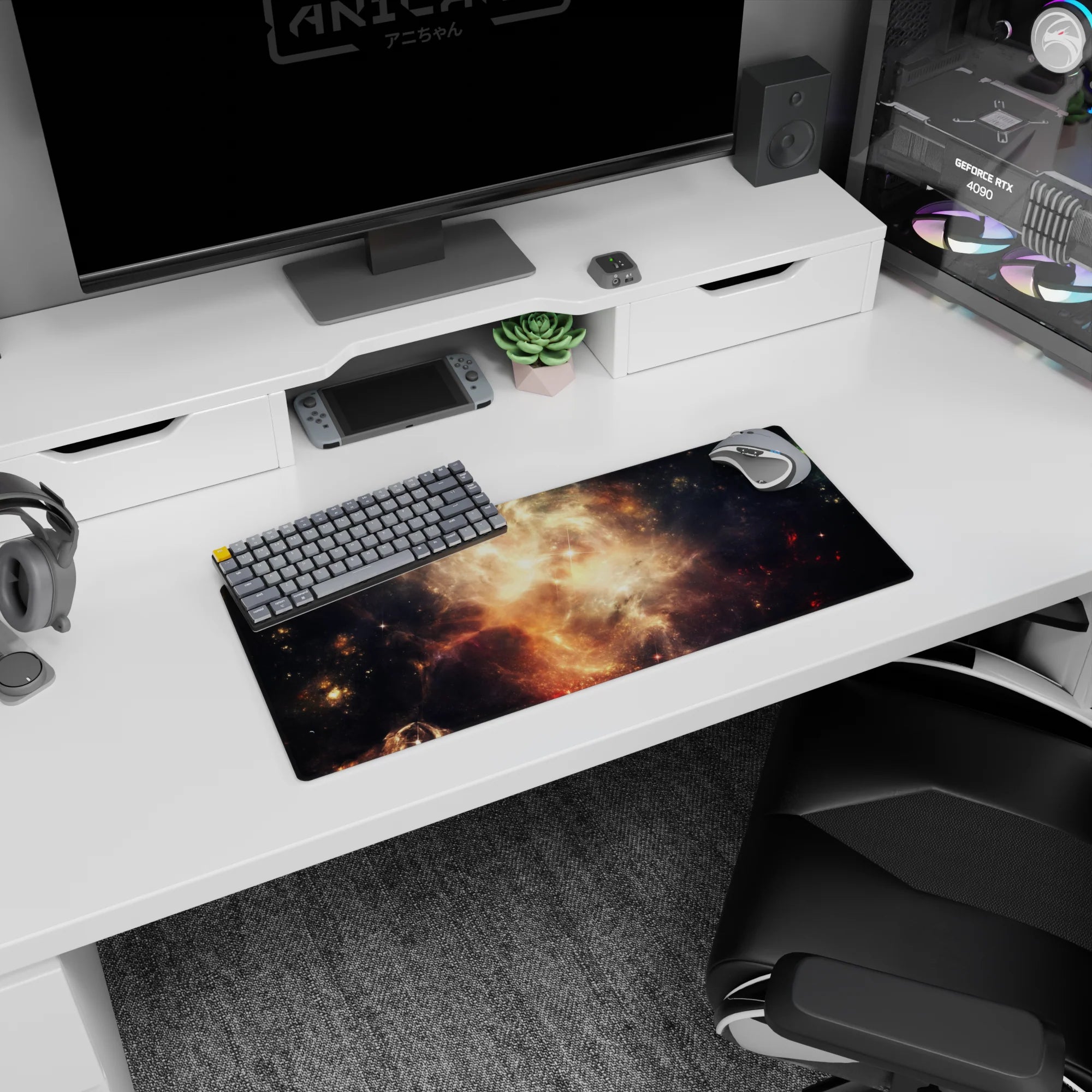 Glowing nebula scene mouse pad 28x12 inches featuring golden clouds drifting through deep night space.