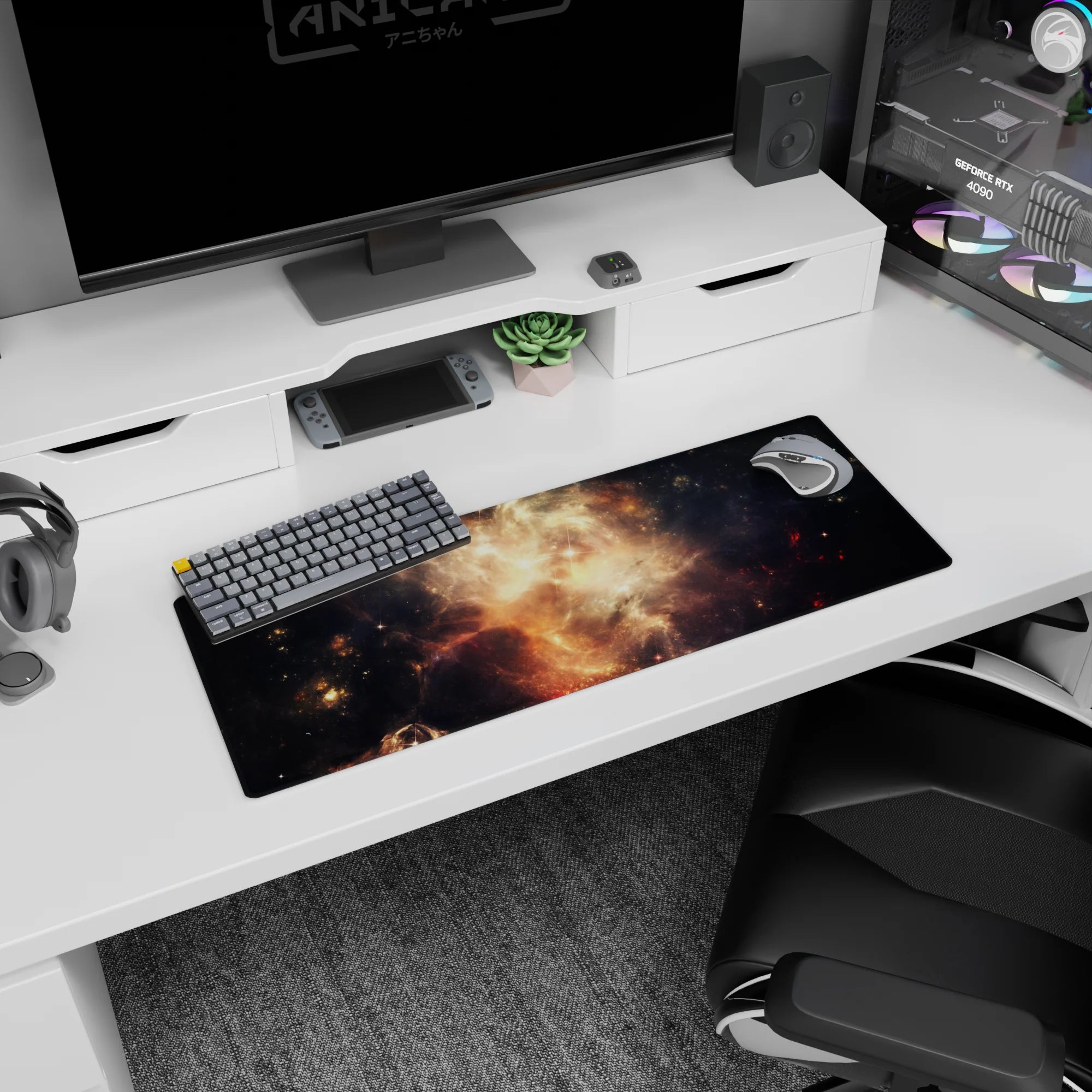 Space nebula scene mouse pad, 32x12 inches, swirling golden clouds and scattered stars.