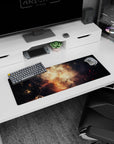 Space nebula scene mouse pad, 32x12 inches, swirling golden clouds and scattered stars.