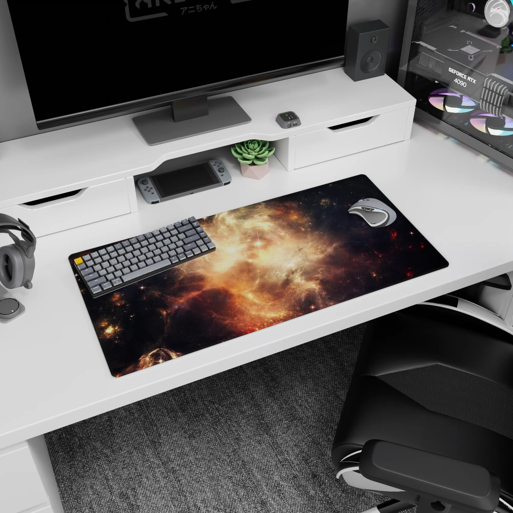 Cursor drifts through a starry night nebula scene mouse pad, extended 32x16 inches desk mat.