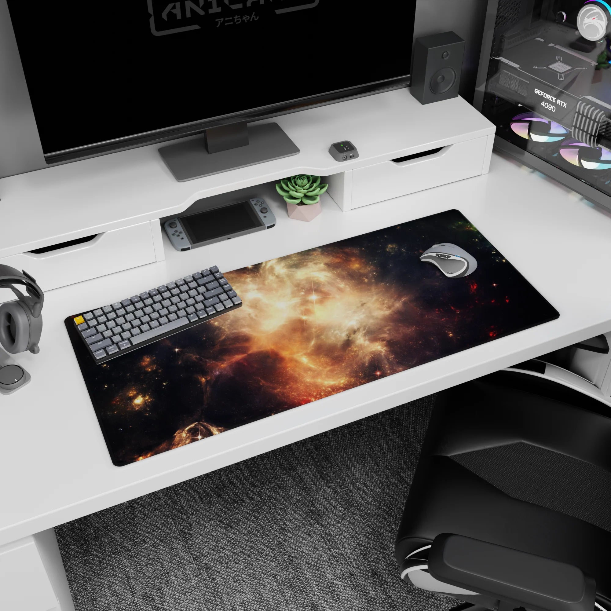 Glowing space nebula scene desk pad 36x16 inches, honey-gold clouds drifting through deep night.