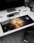 Glowing space nebula scene desk pad 36x16 inches, honey-gold clouds drifting through deep night.