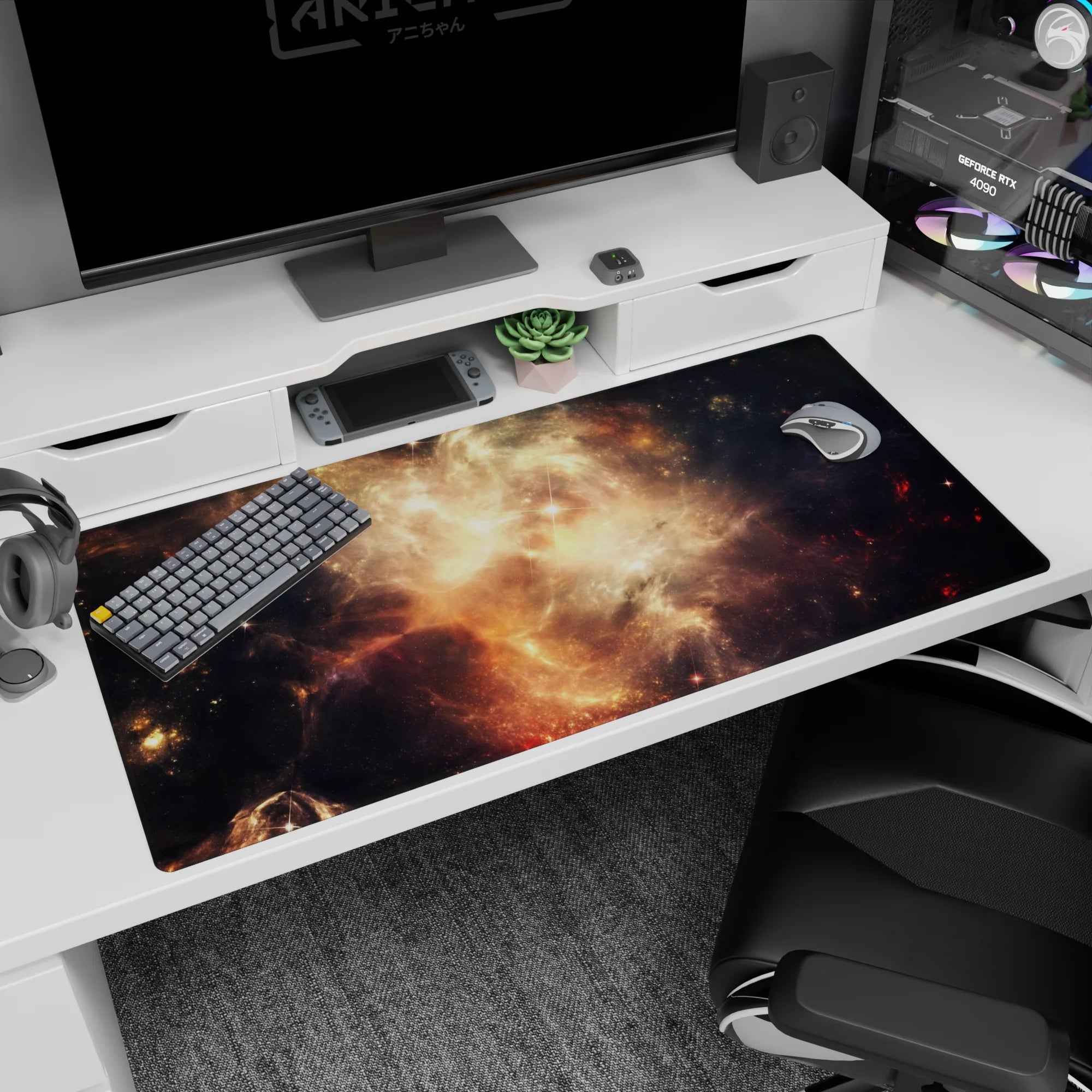 Glowing nebula scene desk pad 40x20 inches showing honey-gold clouds drifting through deep night.