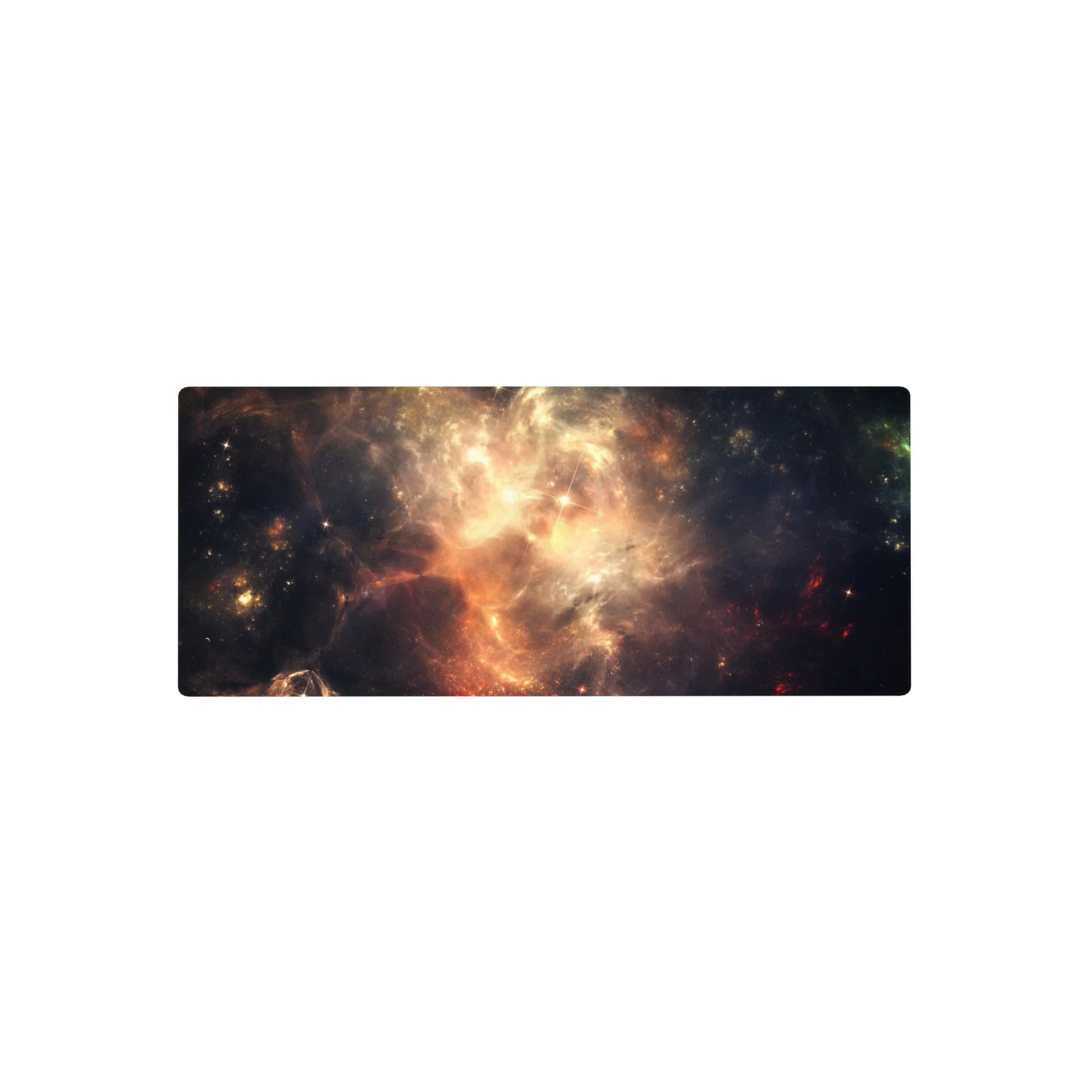 Nebula galaxy desk mouse pad 28x12 inches with dreamy swirling clouds and scattered starbursts.