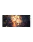 Nebula galaxy desk mouse pad 28x12 inches with dreamy swirling clouds and scattered starbursts.