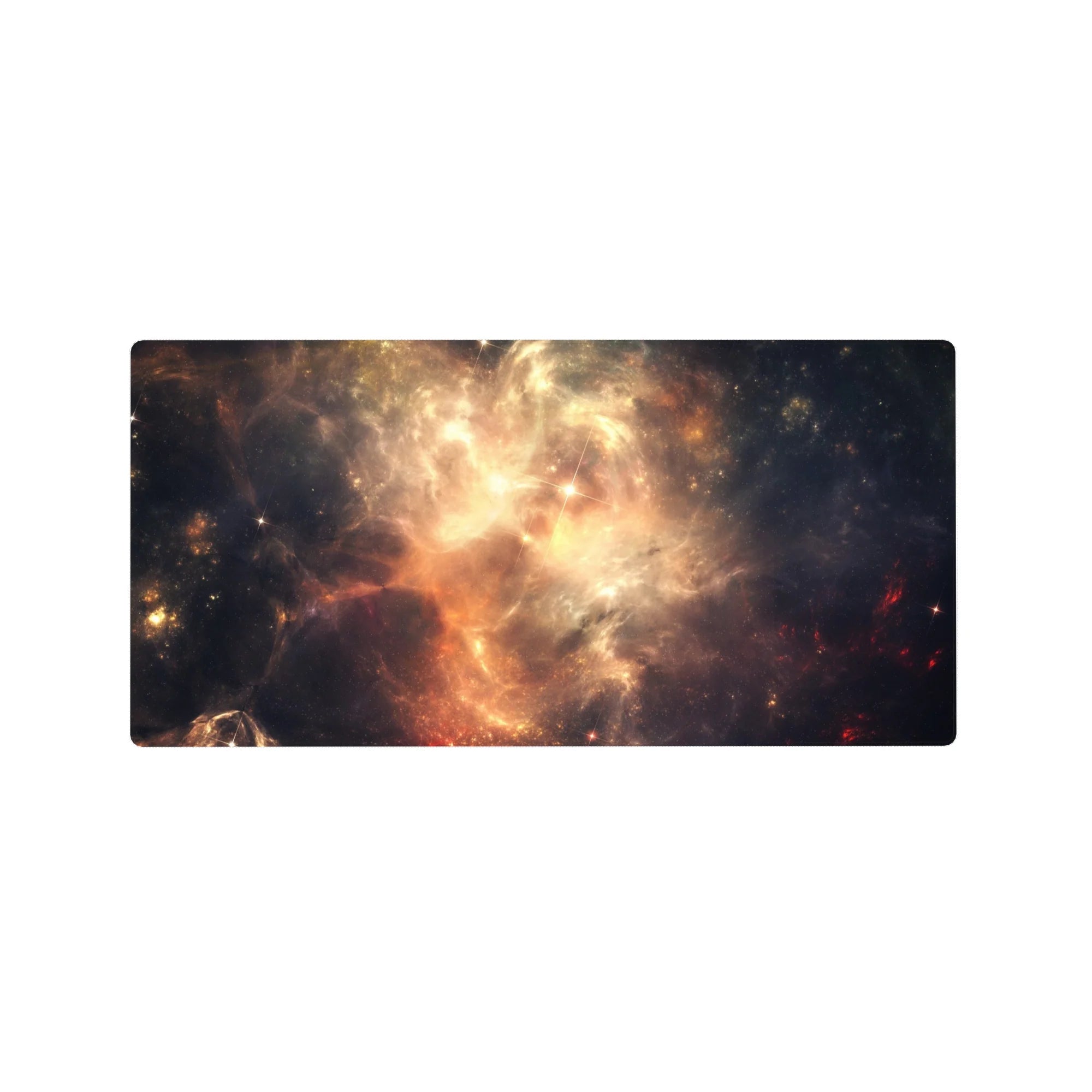 Glowing nebula space design desk mouse pad, extended 32x16 inches with scattered starbursts.